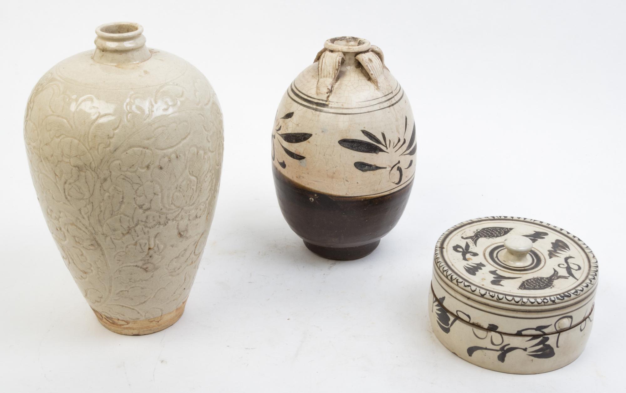 Six Cizhou Style Glazed Ceramic Vessels Height of tallest 18 1/2 inches.