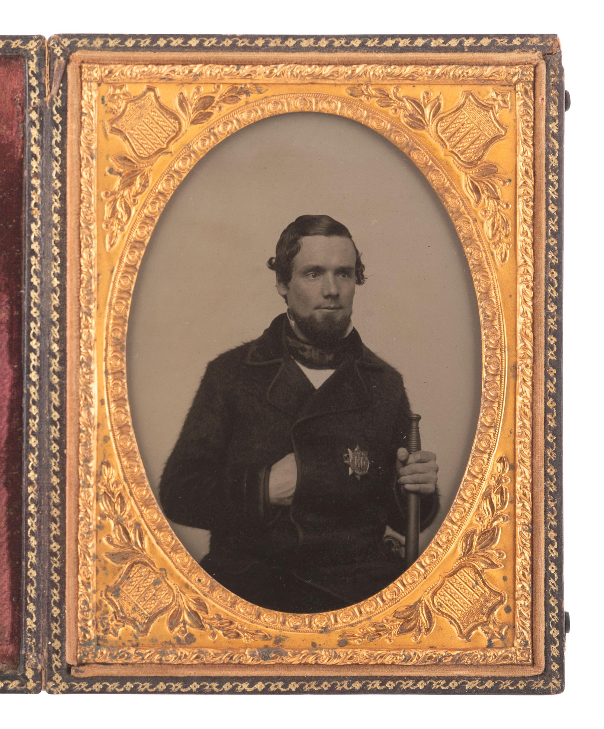 [EARLY PHOTOG.]. Quarter plate ambrotype of a Jersey City policeman with baton, wearing a badge.