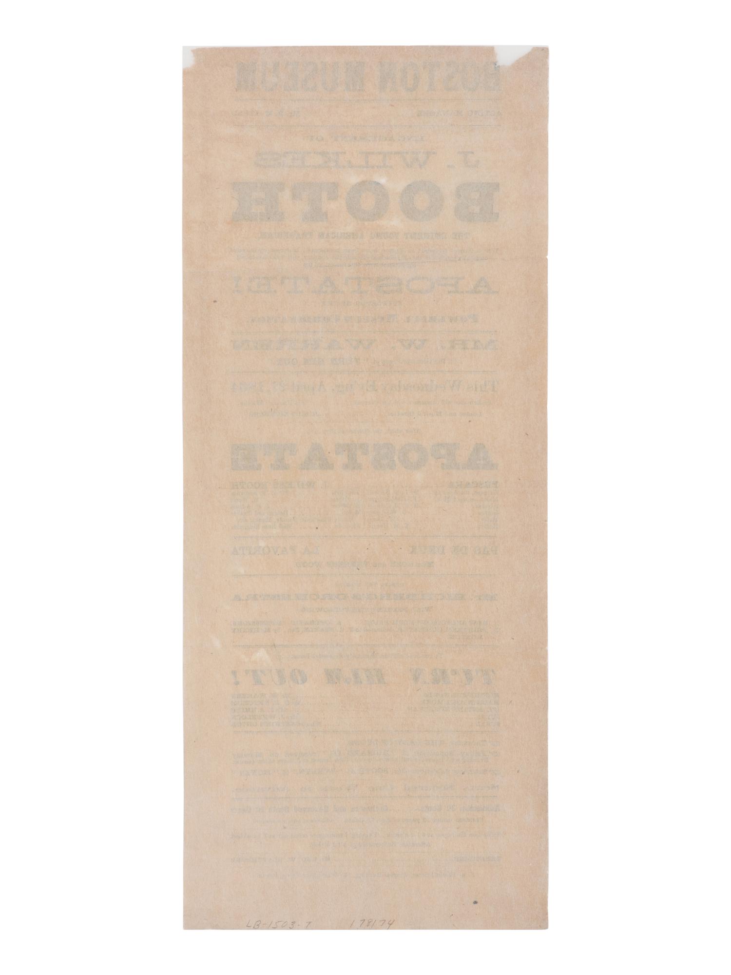 [BOOTH, John Wilkes (1838-1865)]. A broadside playbill for Booth's performance as Pescara in The Apostate at the Boston Museum, 27 April 1864.