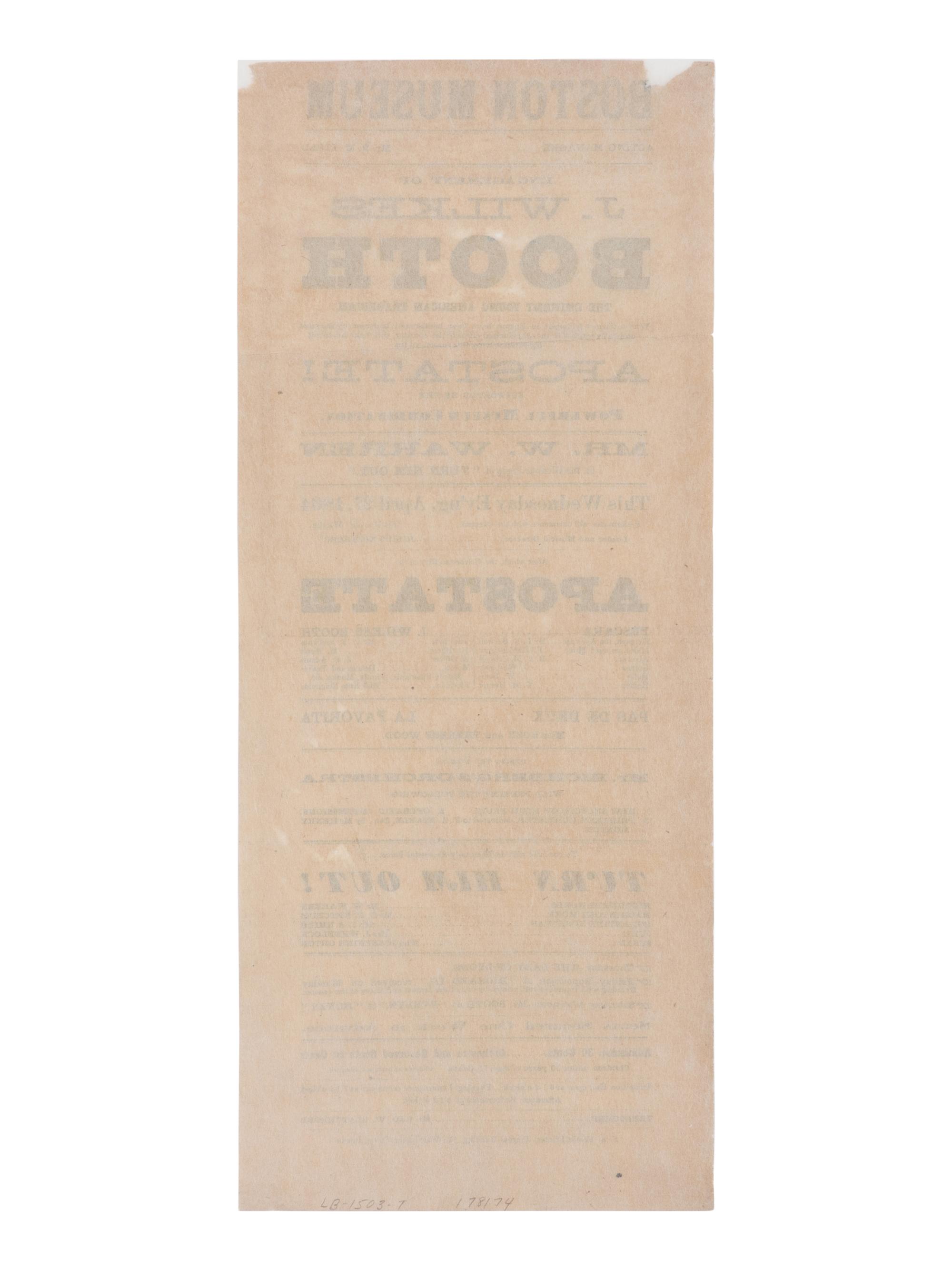 [BOOTH, John Wilkes (1838-1865)]. A broadside playbill for Booth's performance as Pescara in The Apostate at the Boston Museum, 27 April 1864.