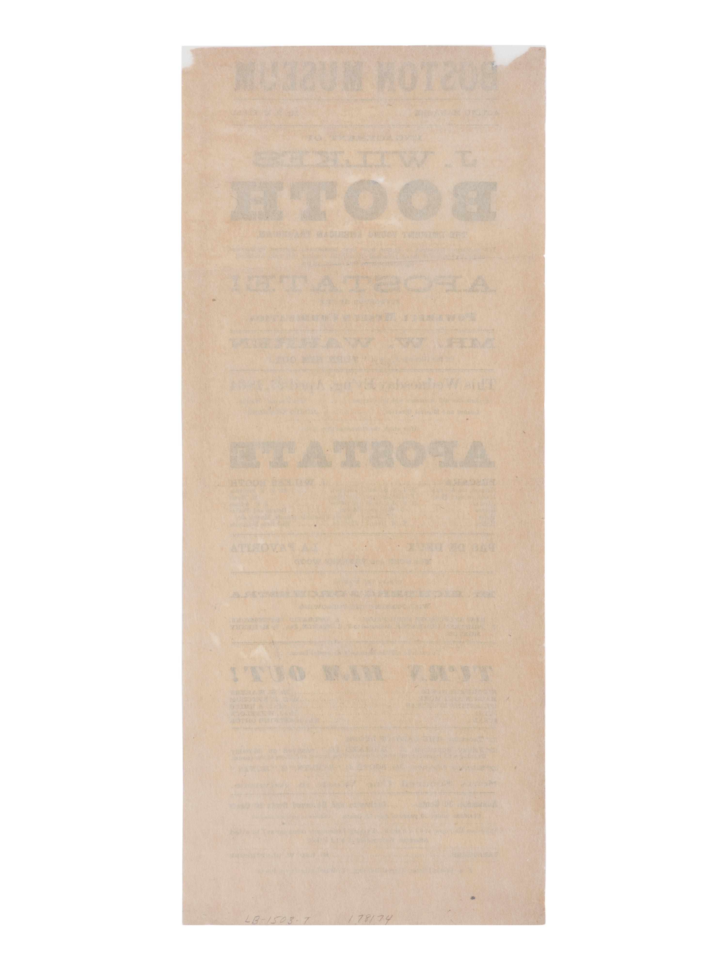 [BOOTH, John Wilkes (1838-1865)]. A broadside playbill for Booth's performance as Pescara in The Apostate at the Boston Museum, 27 April 1864.