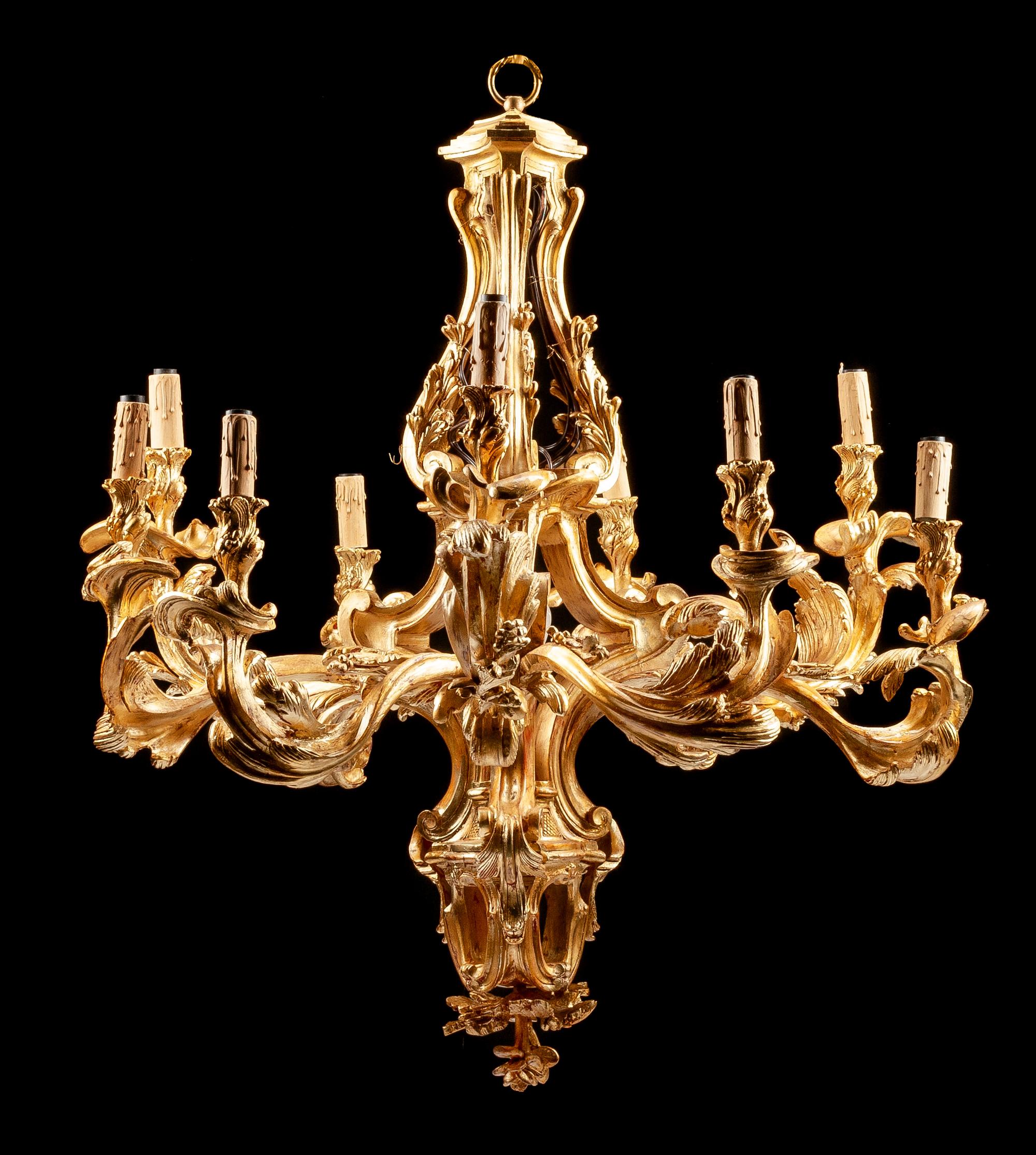 A Rococo Style Carved Giltwood Nine-Light Chandelier Height 36 x diameter 38 inches.