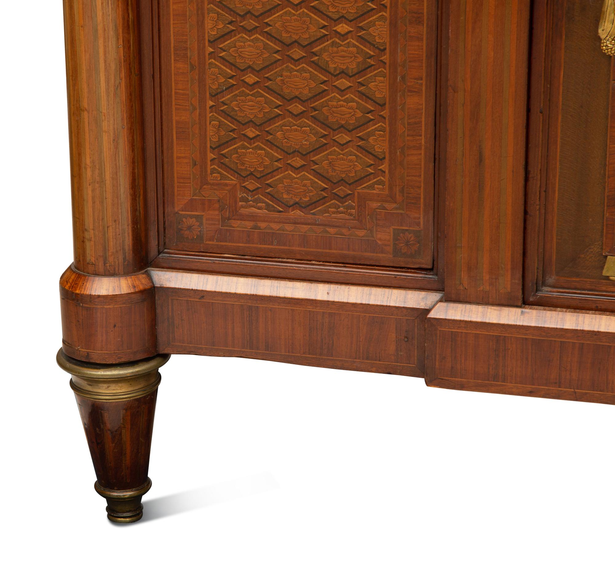 A Louis XVI Style Gilt Bronze Mounted Parquetry Marble-Top Commode