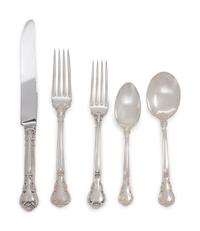 Chantilly pattern, comprising: 8 dinner knives with stainless steel blades 12 luncheon knives with stainless steel blades 12 dinner forks 12 luncheon forks 13 salad forks 20 teaspoons 12 soup cream spoons 12 small soup cream spoons 12 bouillon spoons 12 dessert spoons 12 fish knives with stainless steel blades 11 butter spreaders with stainless steel blades 12 cocktail forks 12 iced tea spoons 15 serving utensils 187 items total.