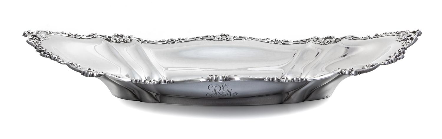 An American Silver Dish, Gorham Mfg. Co., Providence, RI, 1907, or oval form, the rim decorated with S-scroll, foliate and rocaille mot