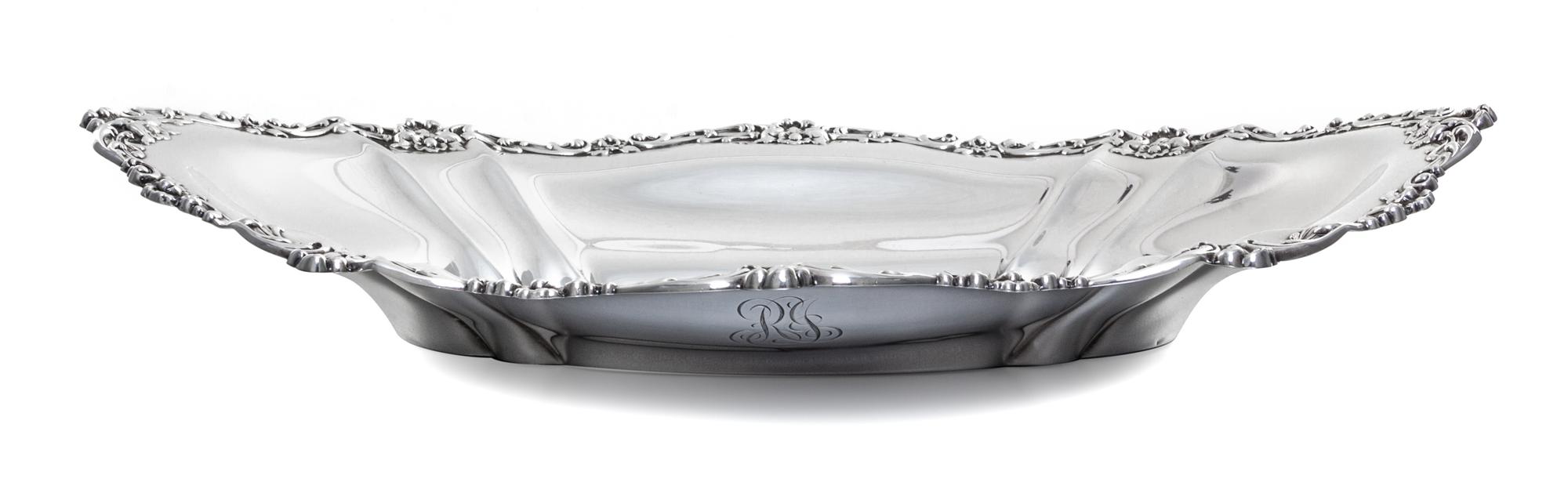 An American Silver Dish, Gorham Mfg. Co., Providence, RI, 1907, or oval form, the rim decorated with S-scroll, foliate and rocaille mot