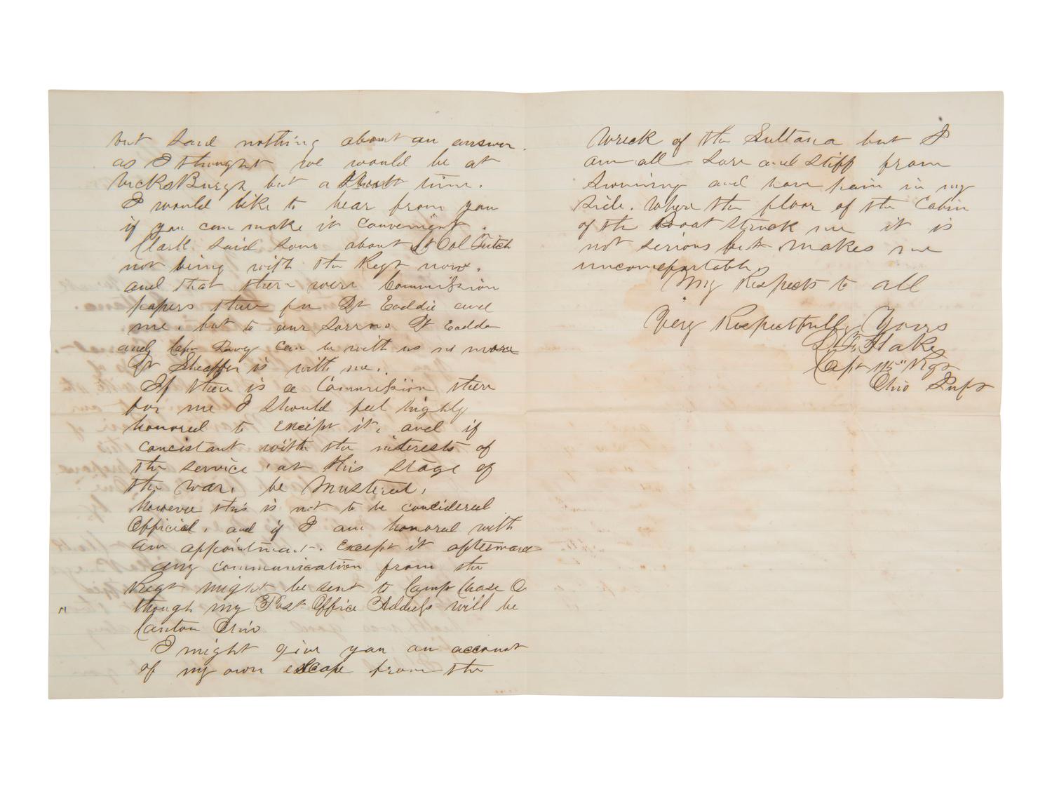 [CIVIL WAR]. Letter from Captain Hake, 115th OVI, describing his survival of the Sultana explosion.
