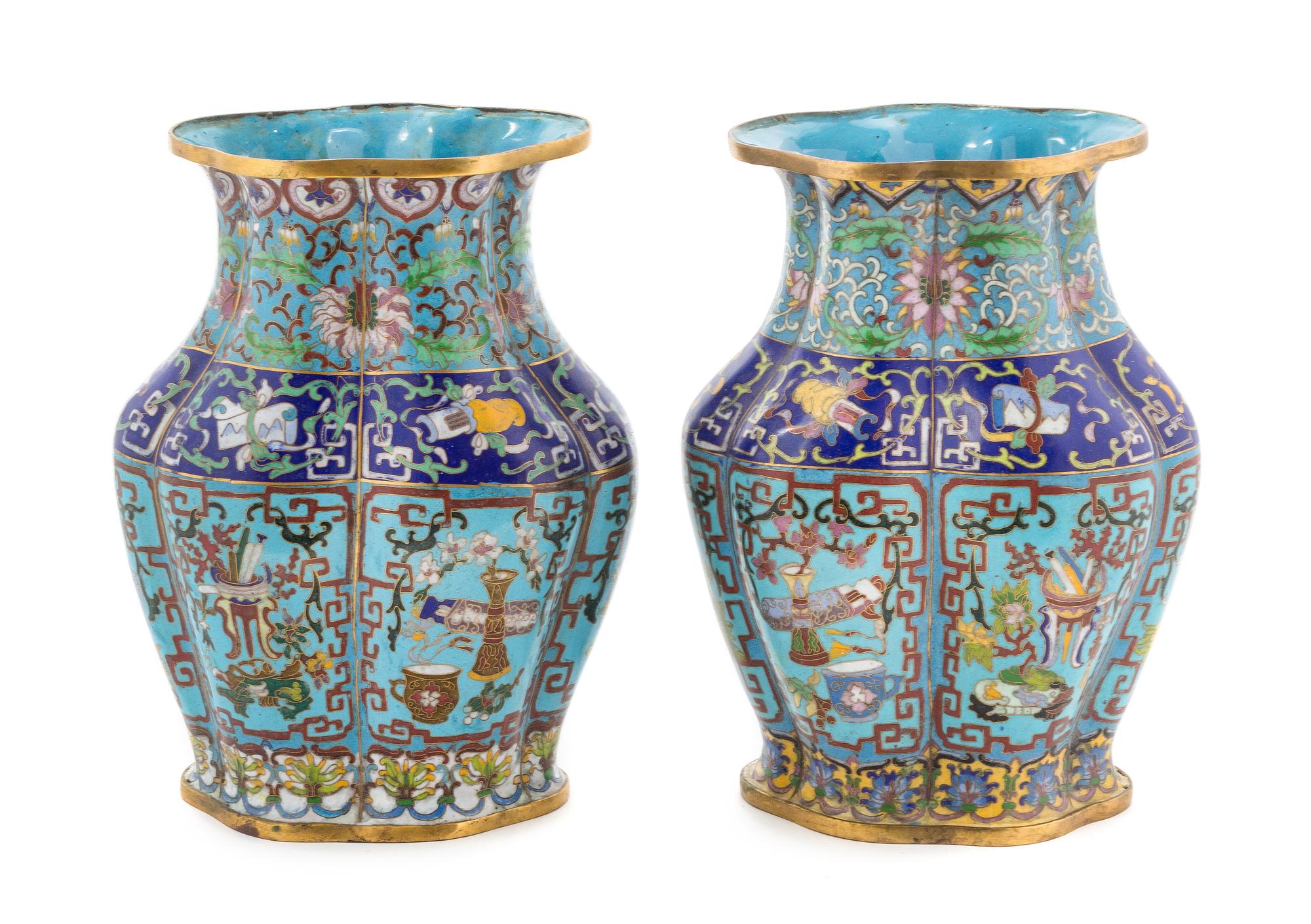 A Pair of Cloisonne Enamel Faceted Vases LIKELY EARLY 20TH CENTURY Height 10 1/4 inches. — LIKELY EARLY 20TH CENTURY