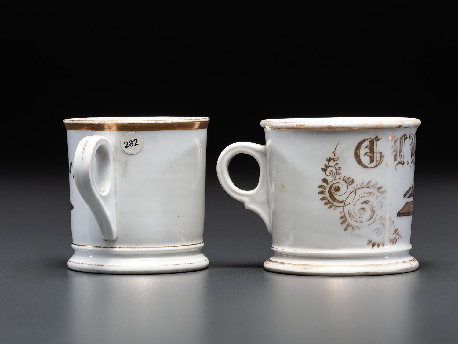 Two Tobacco Related Porcelain Occupational Shaving Mugs