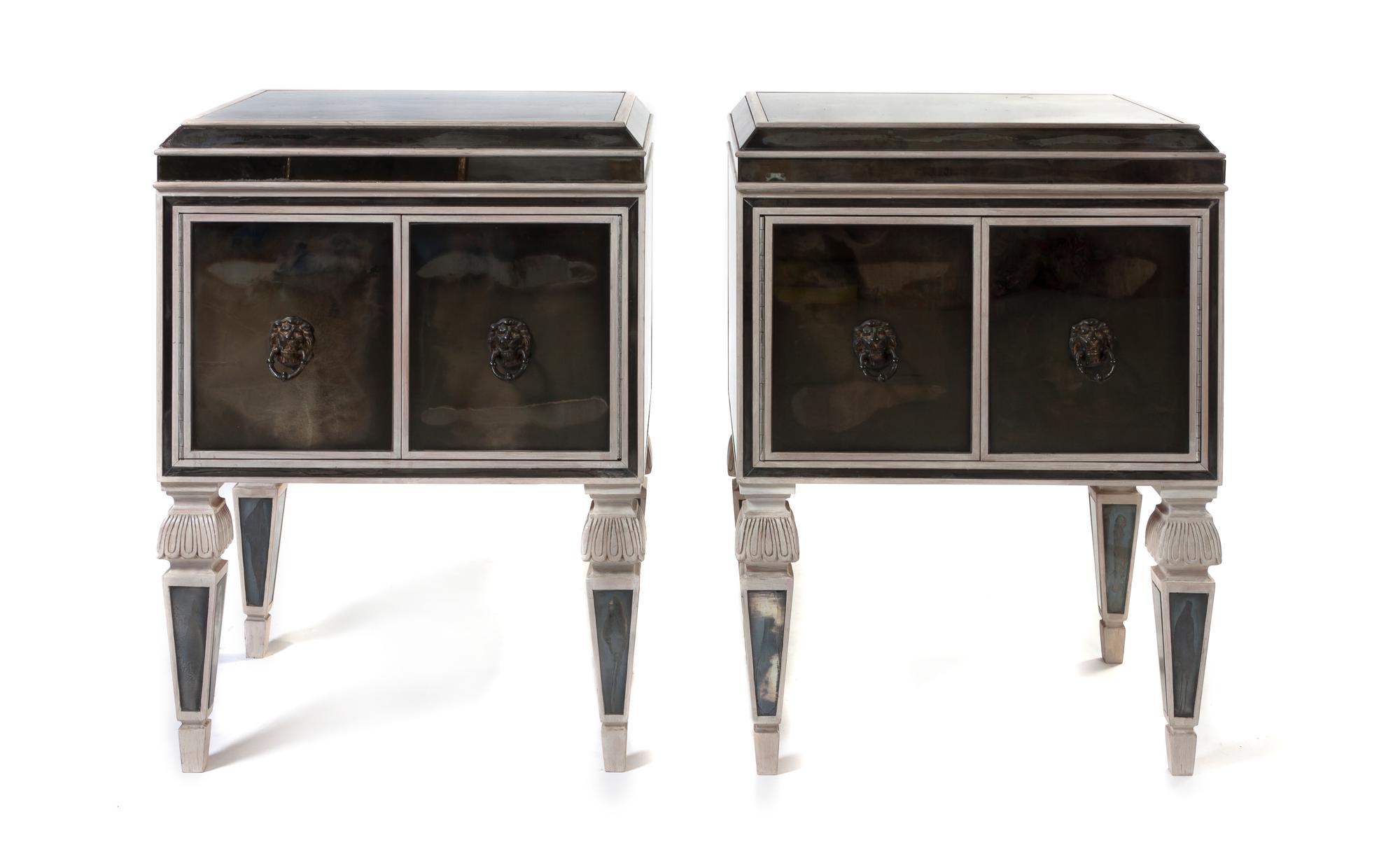 A Pair of Continental Mirrored Side Cabinets, Height 32 1/4 x width 24 x depth 19 inches.