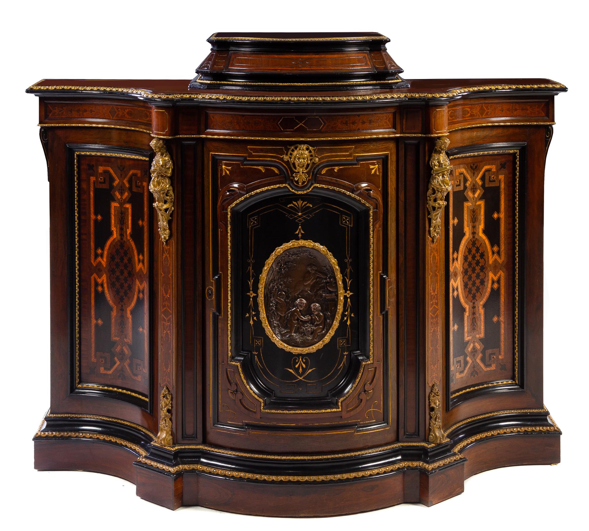 A Victorian Parcel Gilt and Gilt Bronze Mounted Rosewood Cabinet Height 42 x width 60 x depth 20 1/2 inches. — MANNER OF POTTIER & STYMUS, LATE 19TH CENTURY
