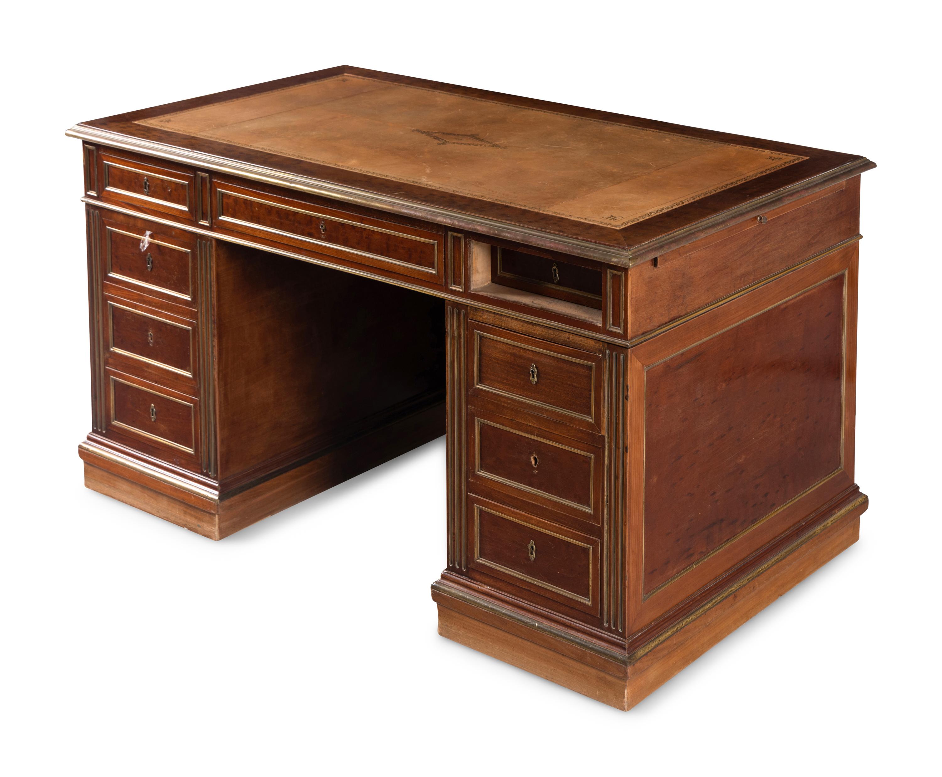 A Directoire Style Brass Mounted Mahogany Pedestal Desk