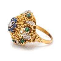 YELLOW GOLD, DIAMOND, SAPPHIRE AND EMERALD RING