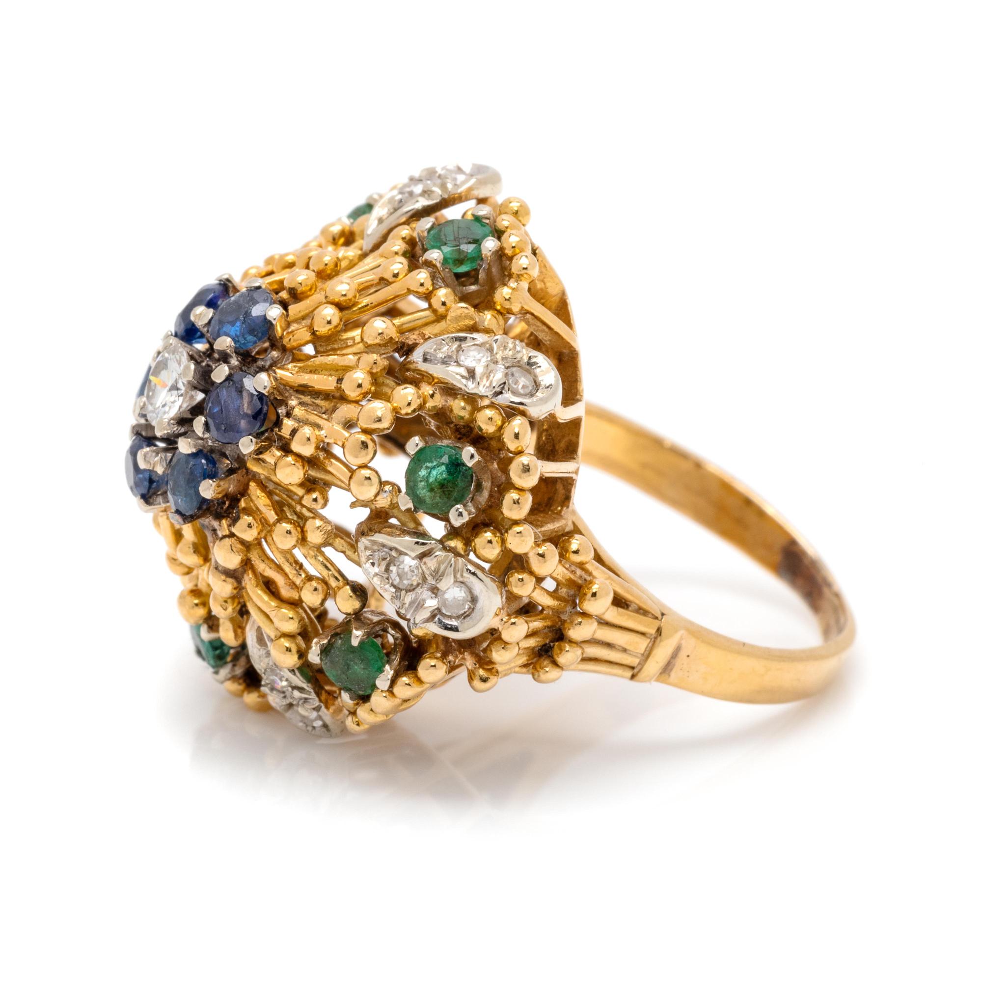 YELLOW GOLD, DIAMOND, SAPPHIRE AND EMERALD RING