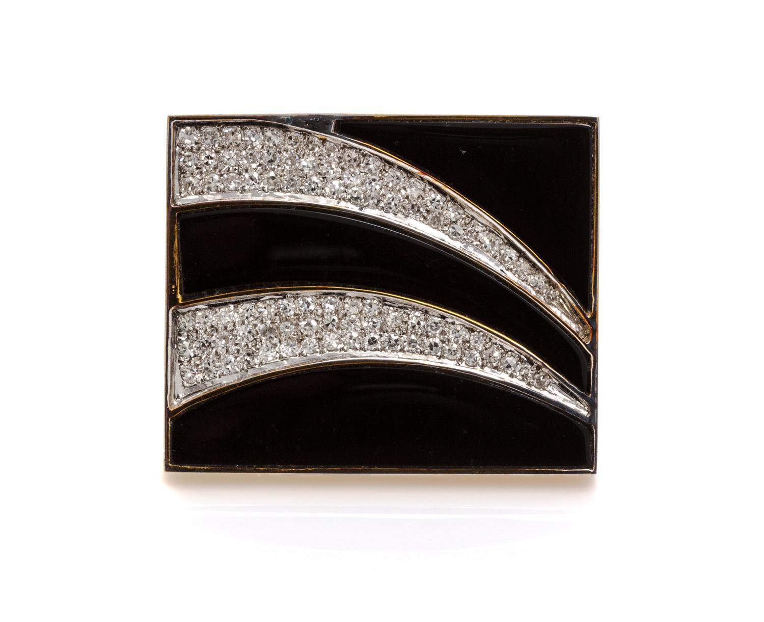 A 14 Karat Yellow Gold, Onyx and Diamond Brooch, 14.30 dwts.