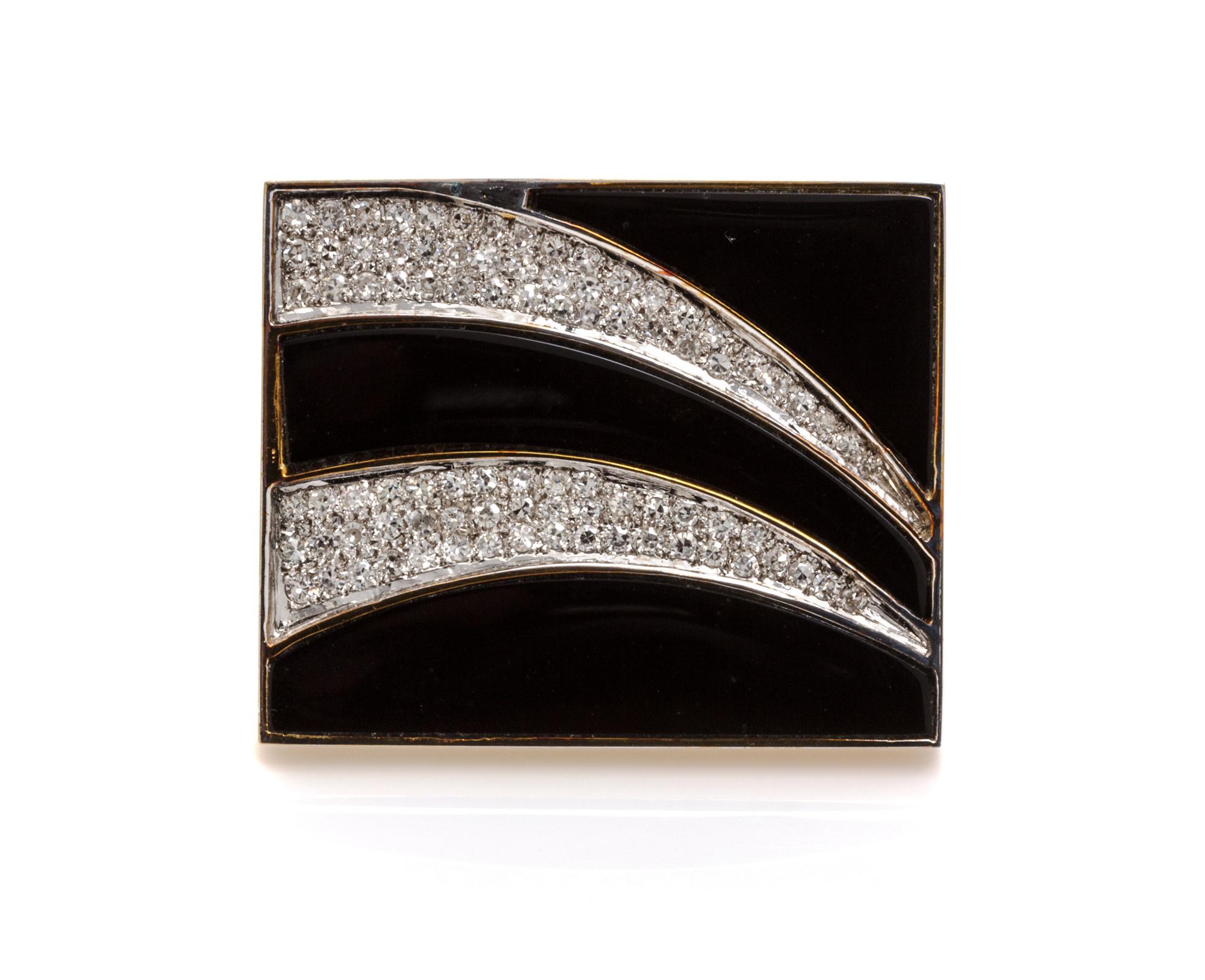 A 14 Karat Yellow Gold, Onyx and Diamond Brooch, 14.30 dwts.