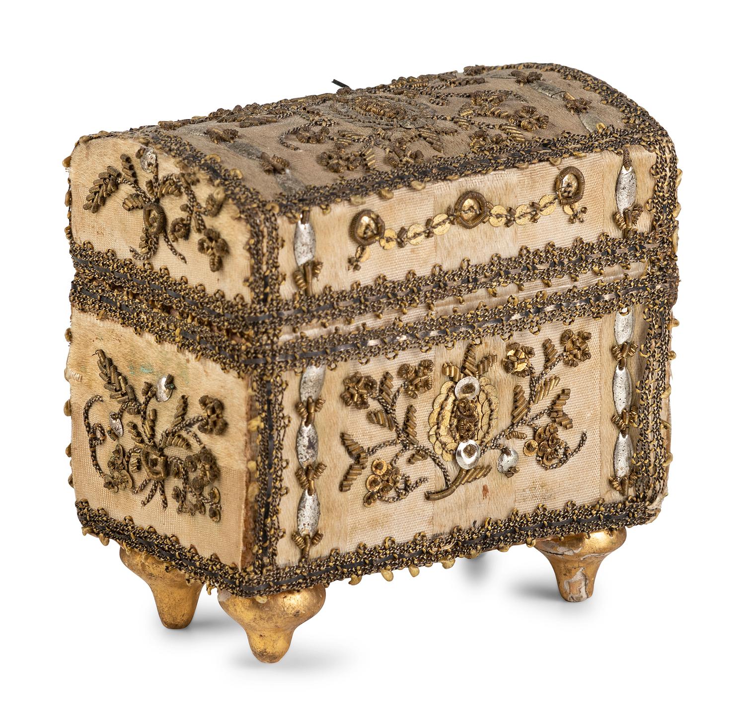 An English Metallic Thread Decorated Silk Diminutive Jewelry Casket