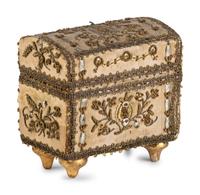 An English Metallic Thread Decorated Silk Diminutive Jewelry Casket