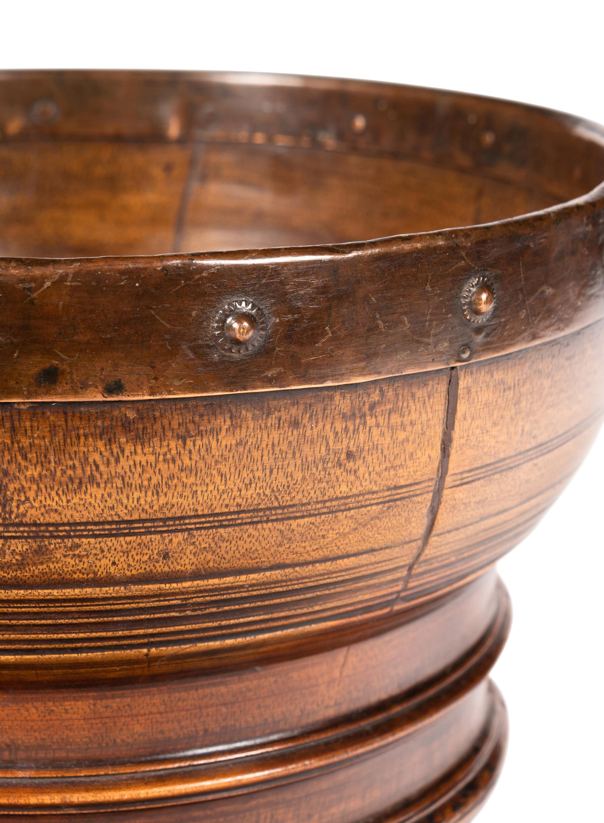 A Scottish Turned Walnut and Studded Copper-Rimmed Wassail Bowl