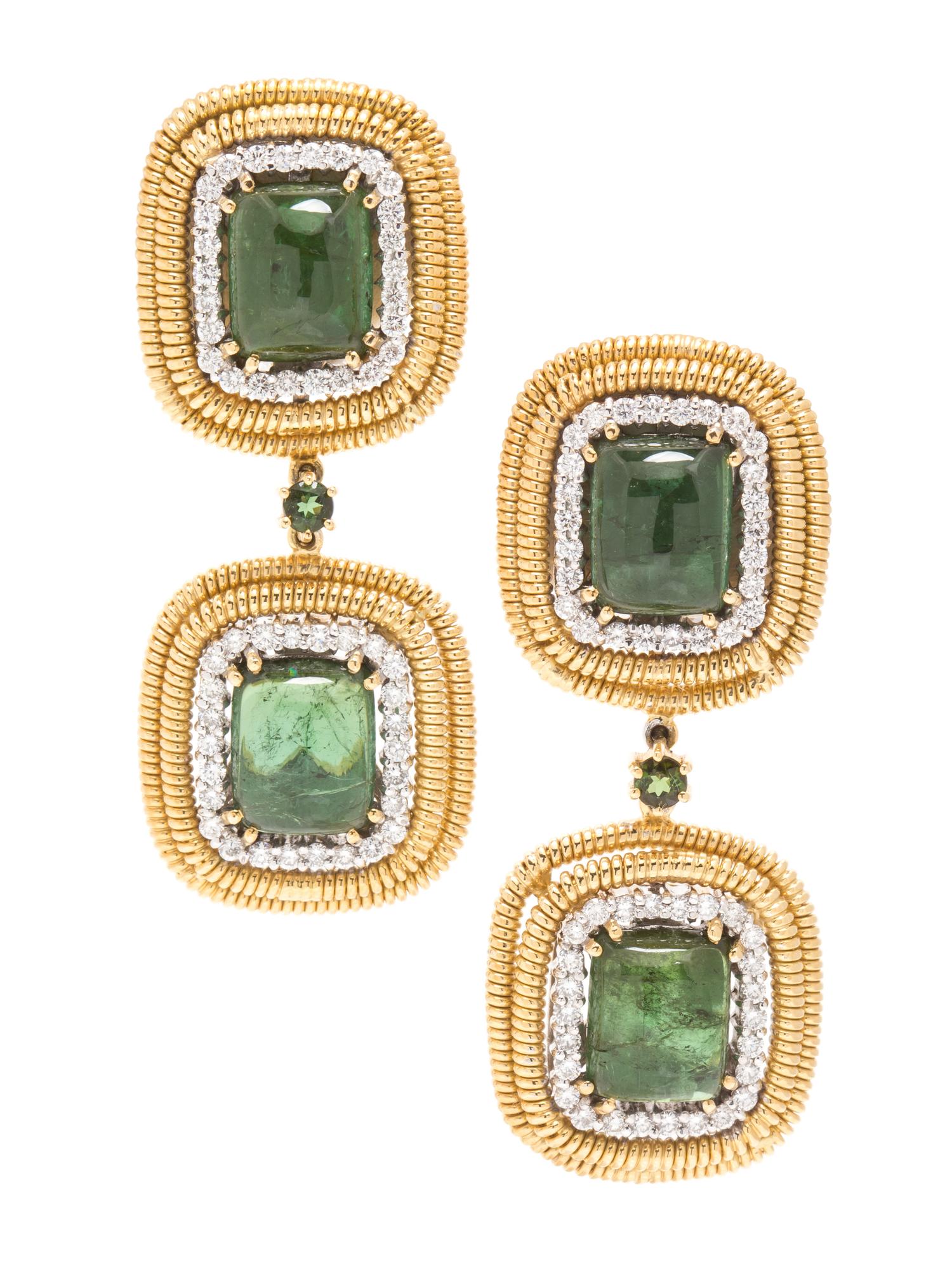 A Pair of 18 Karat Gold, Diamond and Tourmaline Earclips, 23.10 dwts.