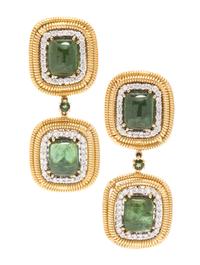 A Pair of 18 Karat Gold, Diamond and Tourmaline Earclips, 23.10 dwts.
