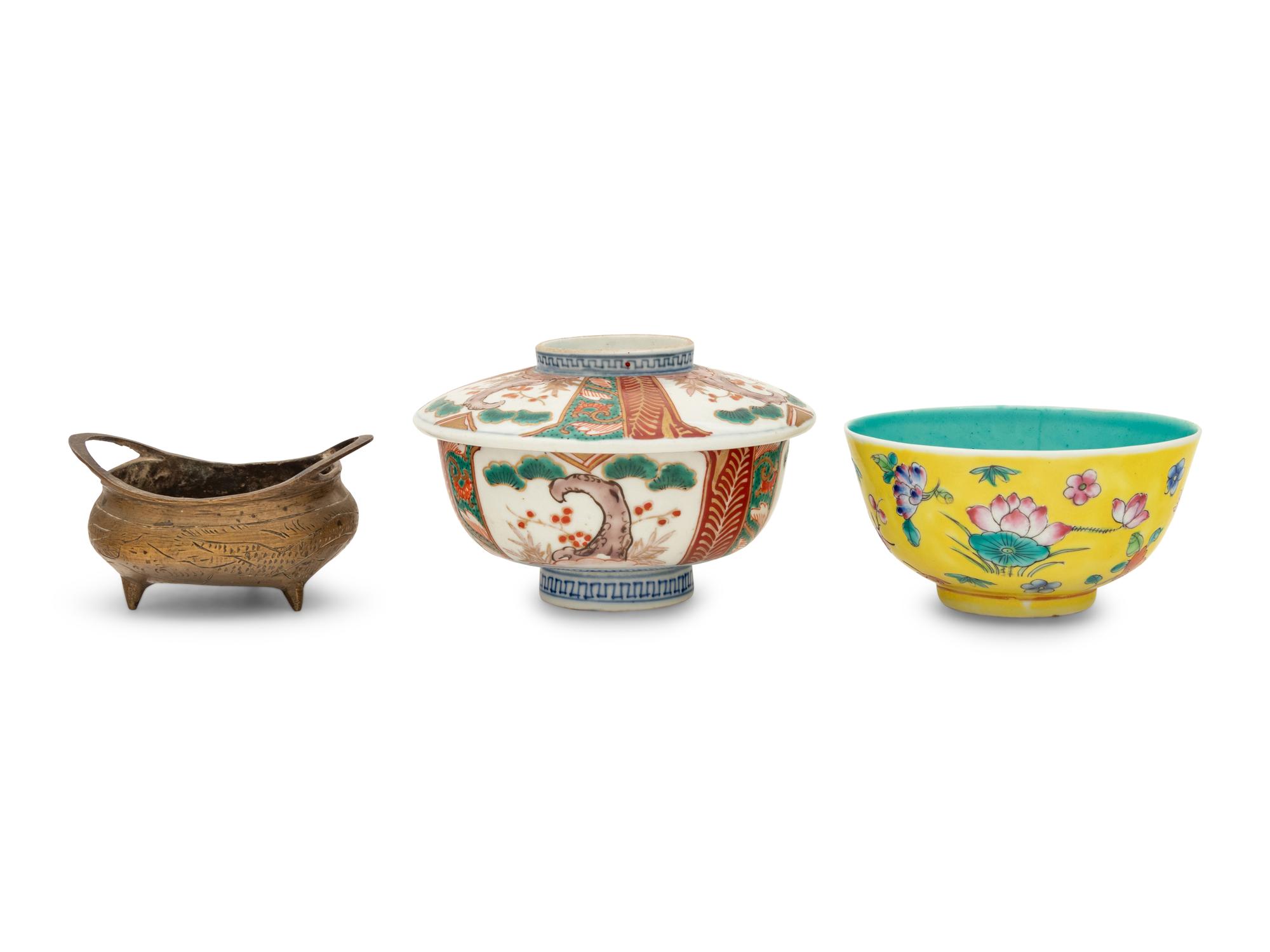 Two Chinese Export Porcelain Bowls and a Brass Vessel