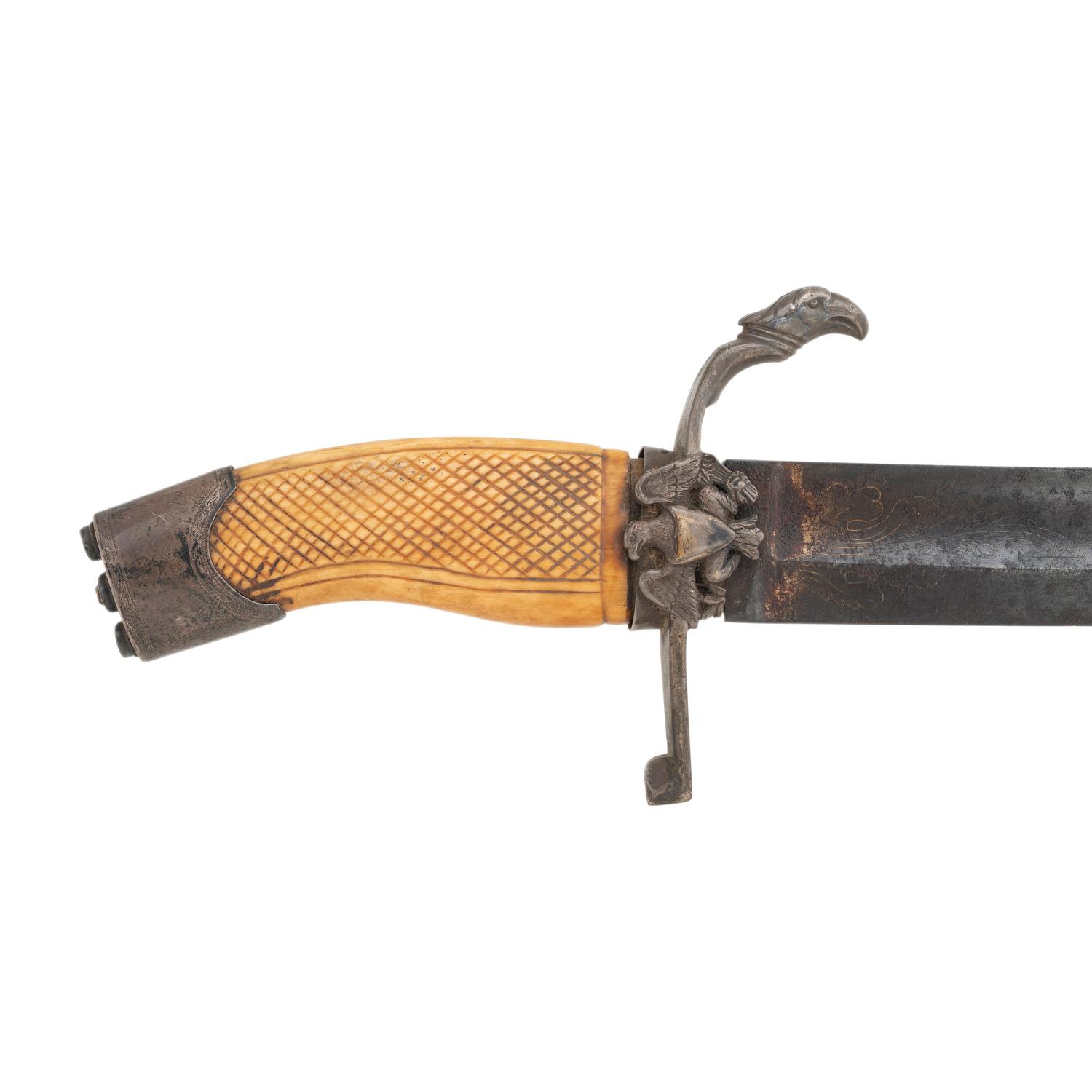 Philadelphia Style Silver Hilted Officer's Saber with Eagle Head Quillon S-Guard and Silver Washed Copper Scabbard