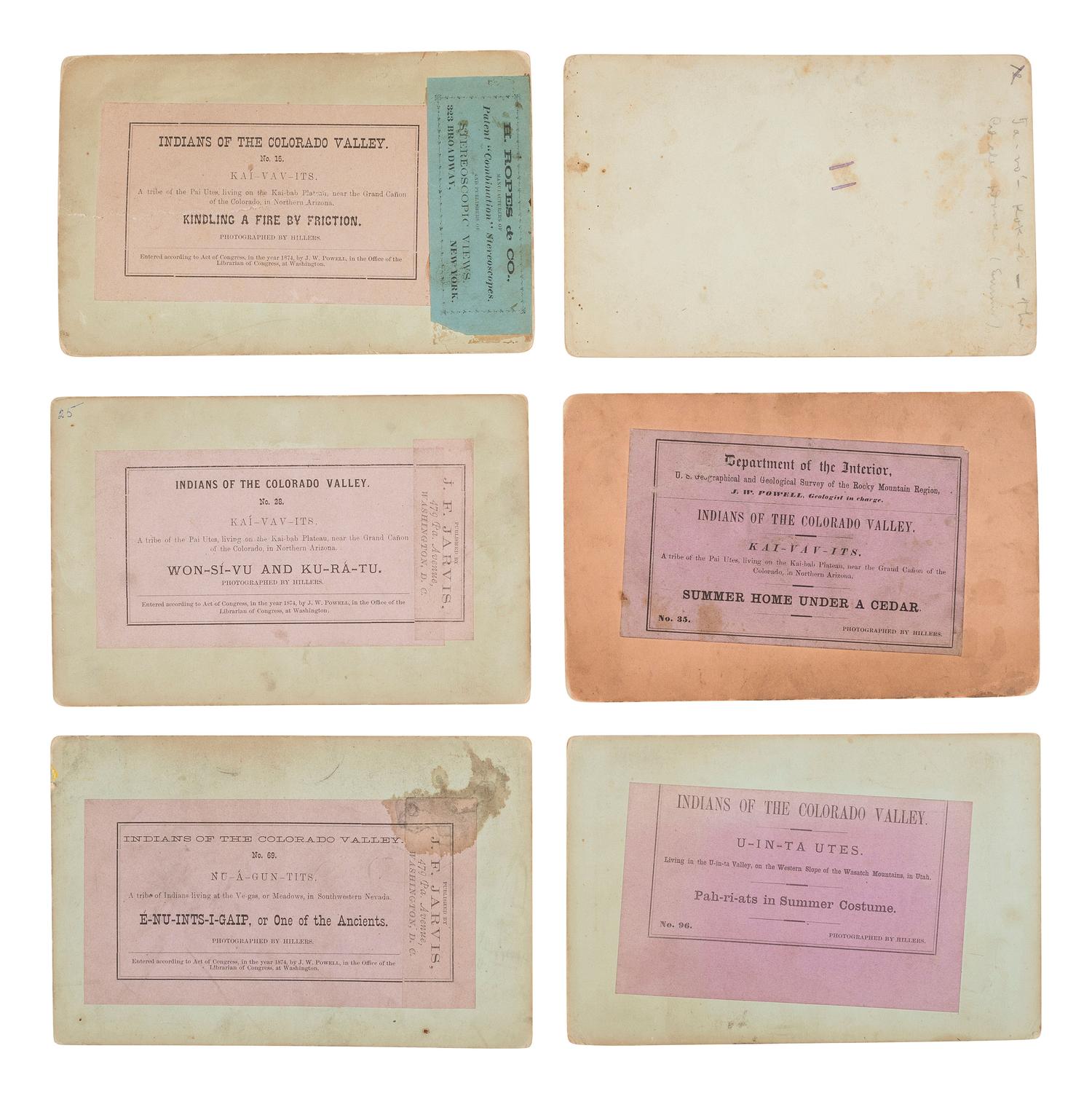 [NATIVE AMERICAN]. HILLERS, John K., photographer. 6 stereoviews of Native Americans of the Colorado Valley, captured as part of the Powell Survey. Ca 1874.