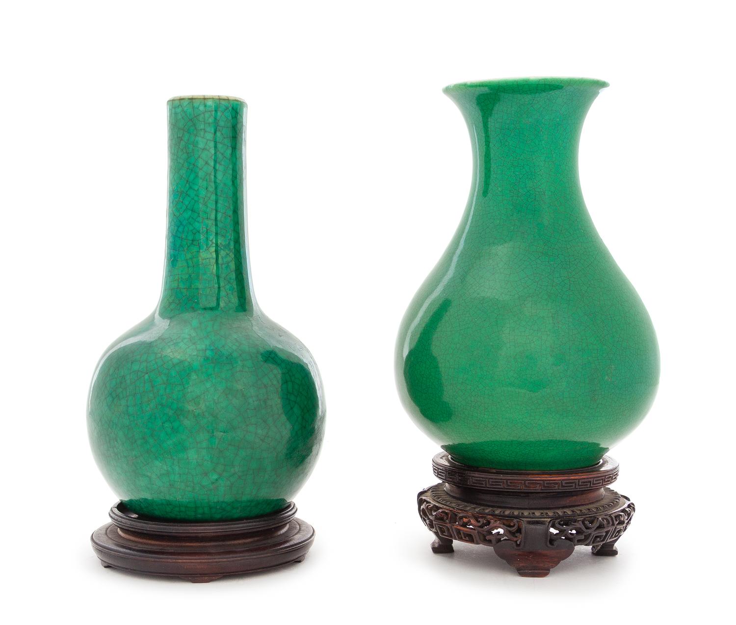 Two Chinese Crackled Ground Green Glazed Porcelain Vases Height of taller 7 1/2 inches. — 19TH/EARLY 20TH CENTURY