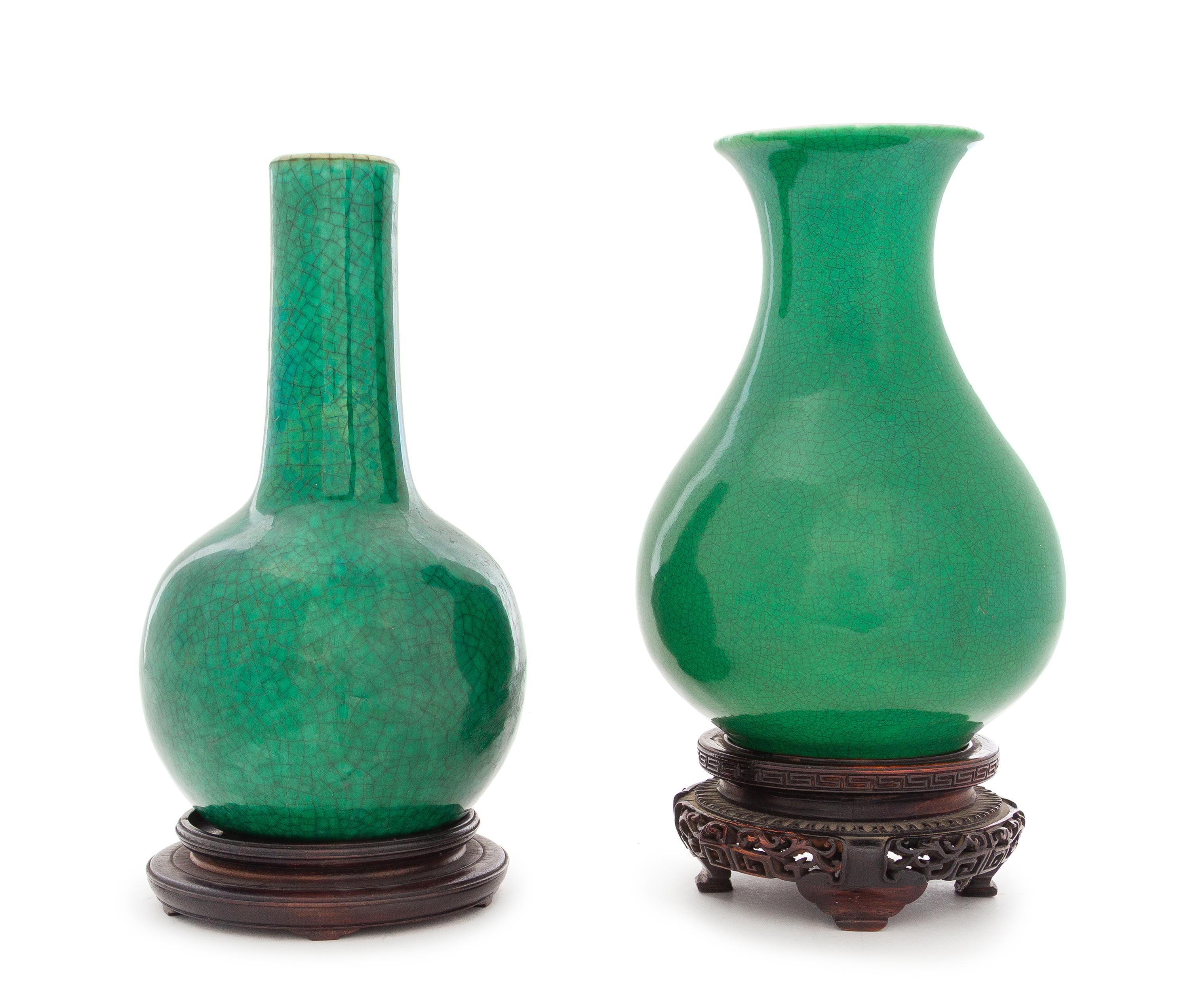 Two Chinese Crackled Ground Green Glazed Porcelain Vases Height of taller 7 1/2 inches. — 19TH/EARLY 20TH CENTURY