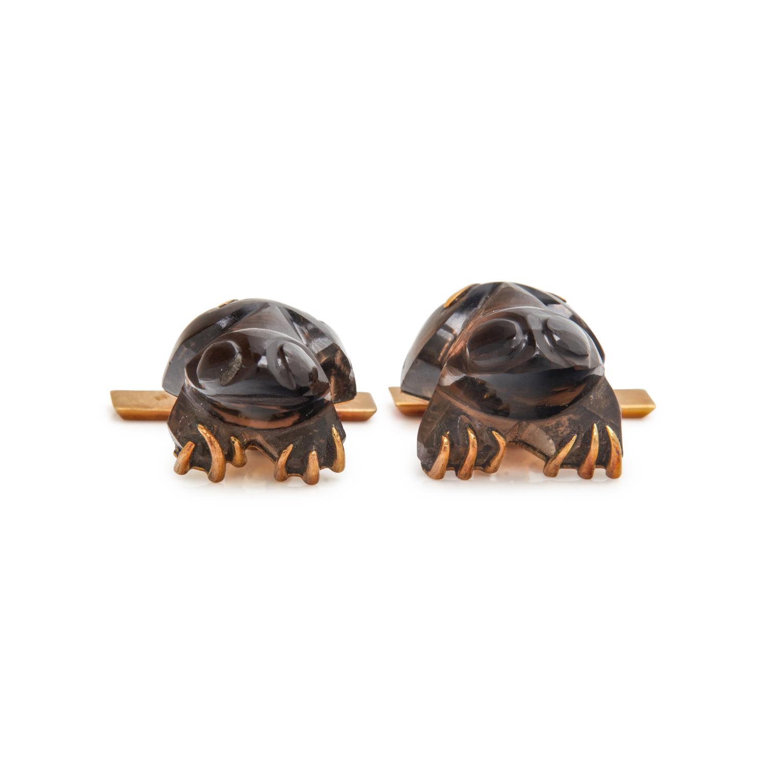 YELLOW GOLD AND SMOKY QUARTZ FROG CUFFLINKS