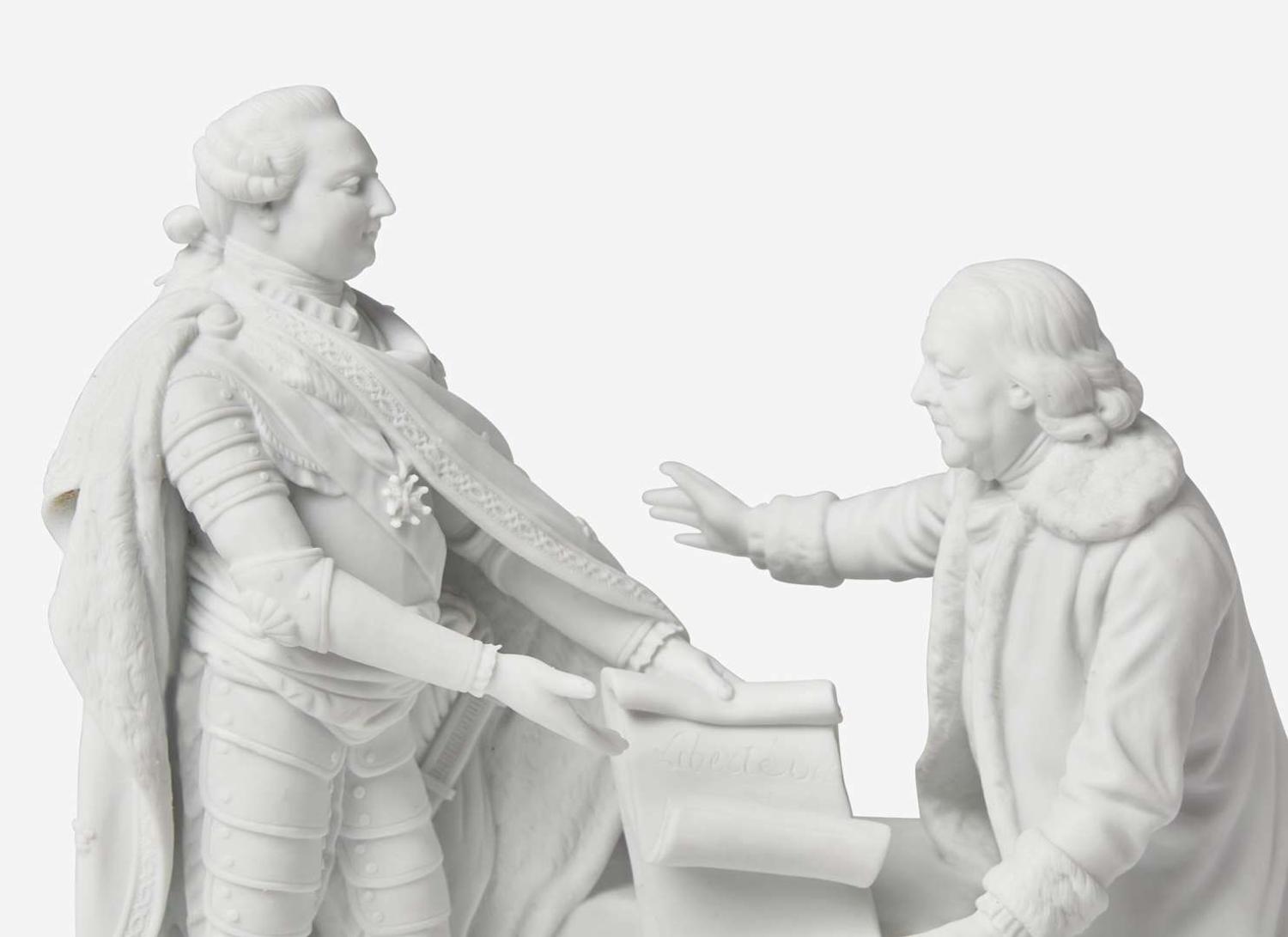 A rare commemorative unglazed porcelain figural group of French King Louis XVI and Benjamin Franklin, attributed to Charles-Gabriel Sauvauge (French, 1741-1827), Niderviller Factory (France, active 1754-1827), circa 1780