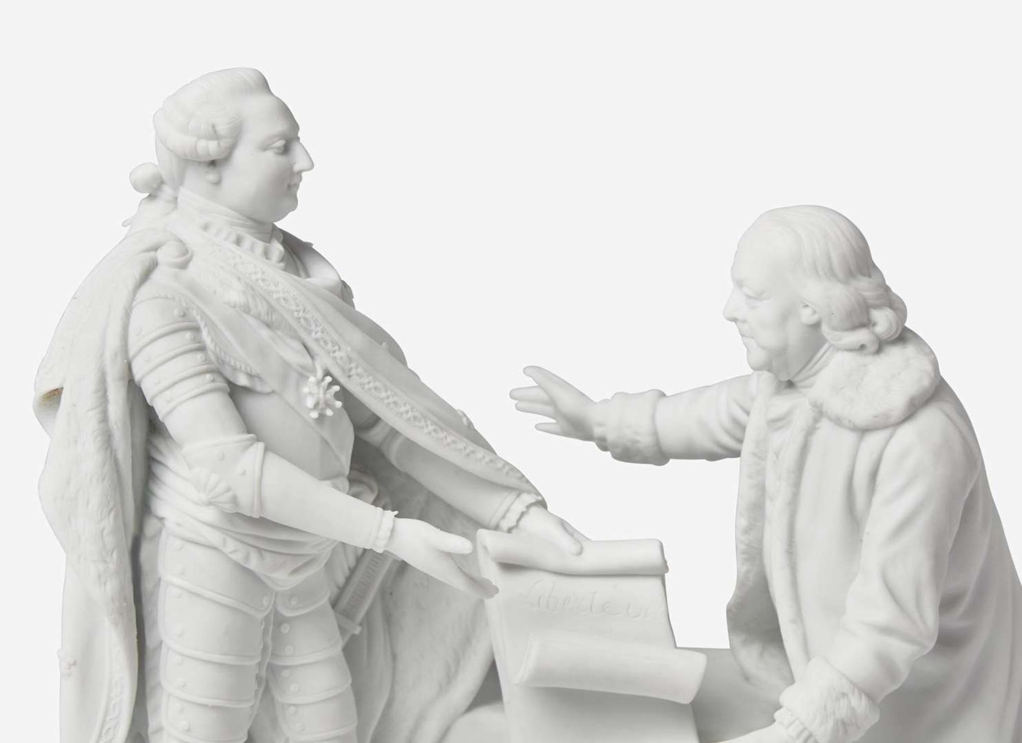 A rare commemorative unglazed porcelain figural group of French King Louis XVI and Benjamin Franklin, attributed to Charles-Gabriel Sauvauge (French, 1741-1827), Niderviller Factory (France, active 1754-1827), circa 1780