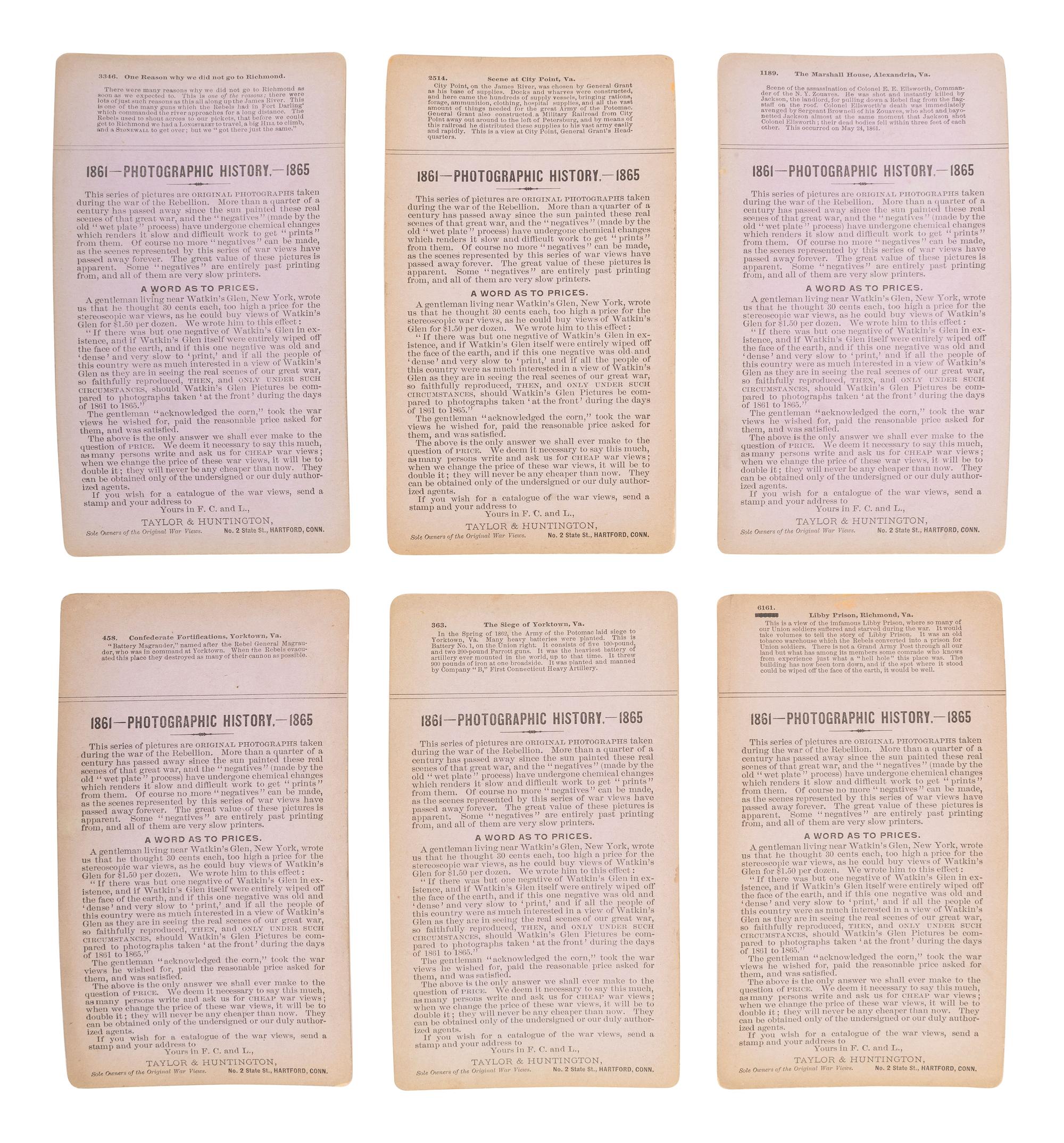 [CIVIL WAR]. A group of 24 stereoviews featuring scenes around Virginia including artillery, fortifications, Confederate prisons, and other subjects. Hartford, CT: Taylor & Huntington, ca 1890s.