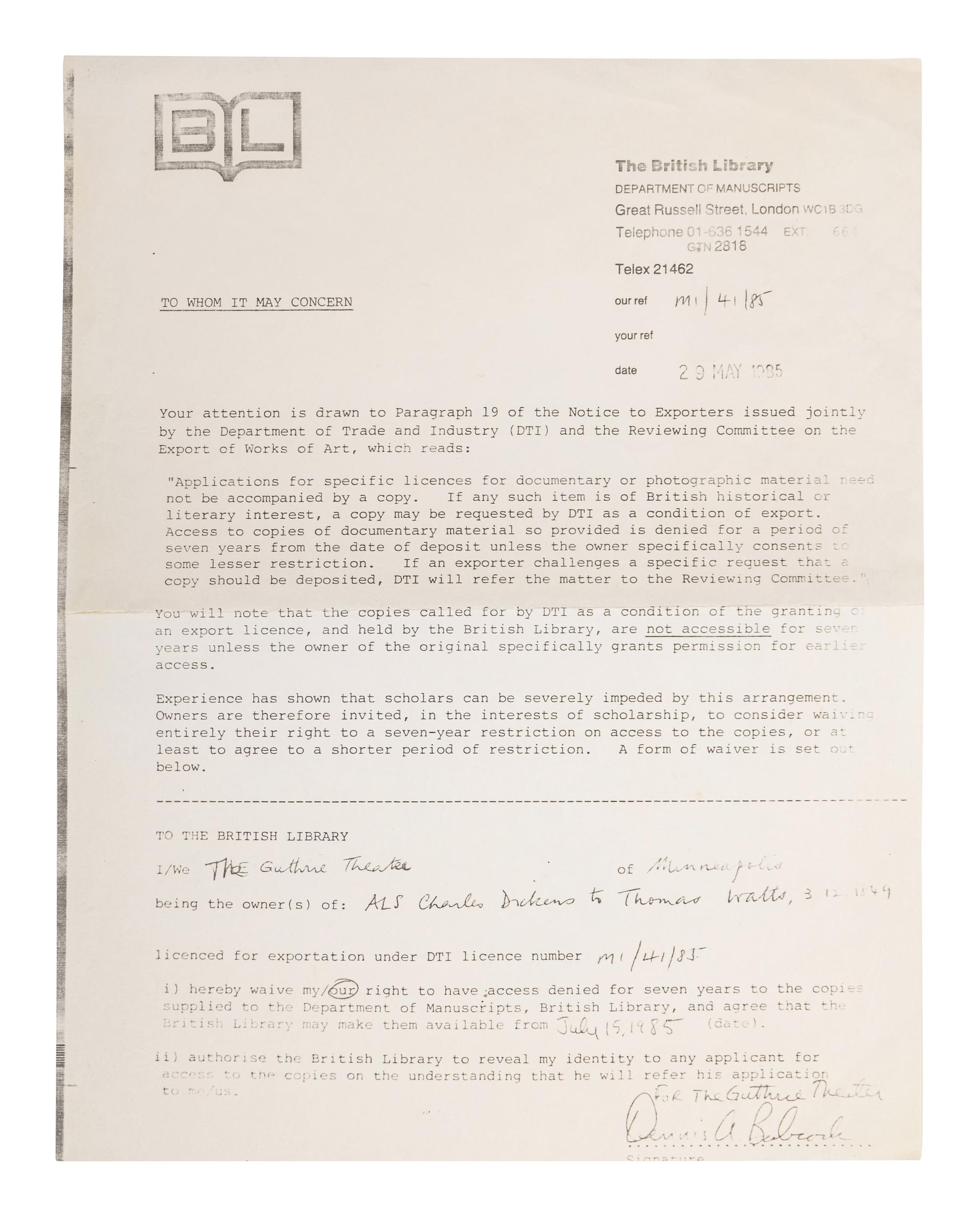 DICKENS, Charles (1812-1870). Autograph letter signed (“Charles Dickens”), to Thomas Watts, Devonshire Terrace, 3 December 1849.