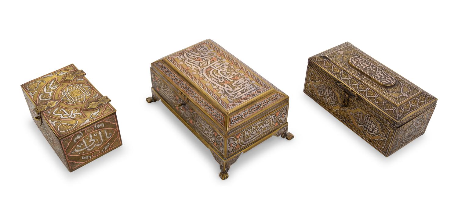 Three Silver Inlaid Brass Table Caskets