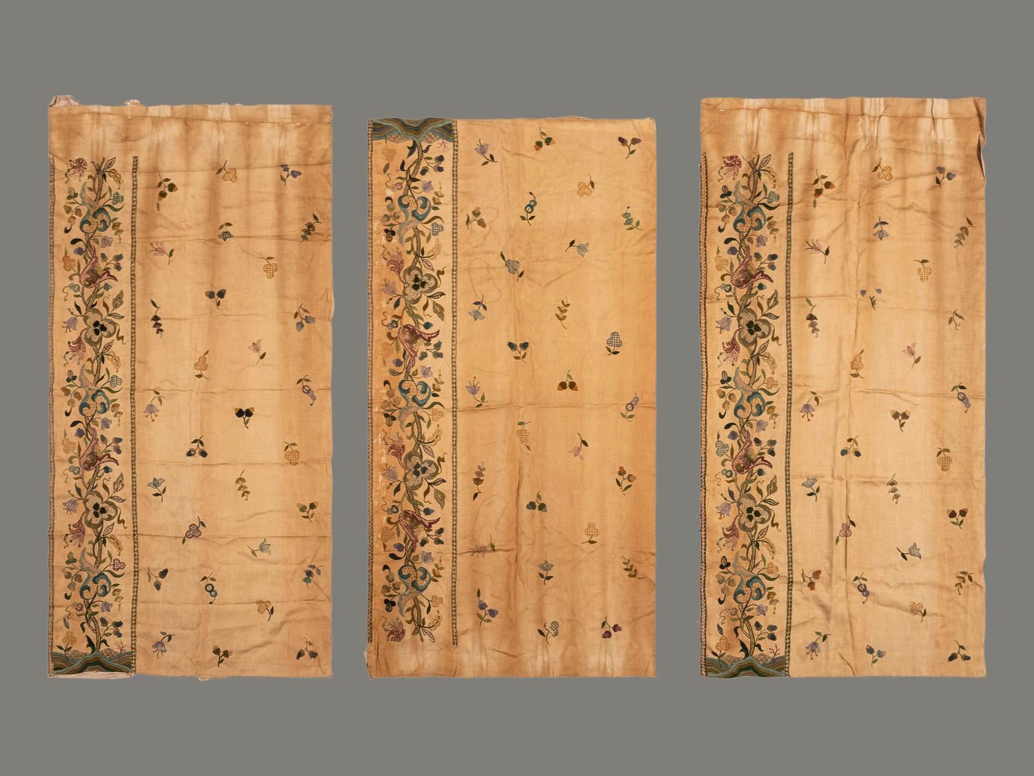 A Group of Jacobean-Style Crewelwork Embroidered Curtains