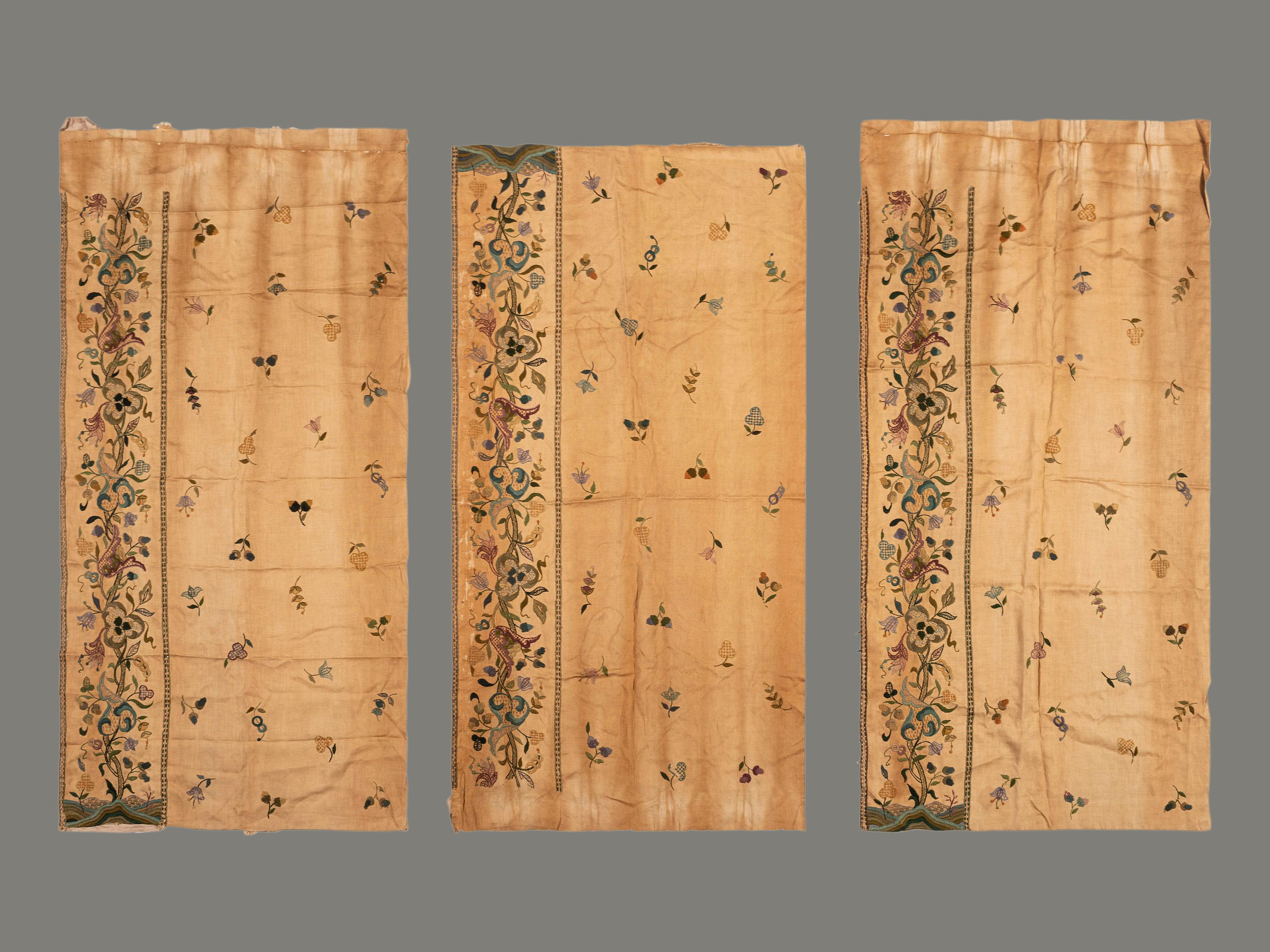 A Group of Jacobean-Style Crewelwork Embroidered Curtains