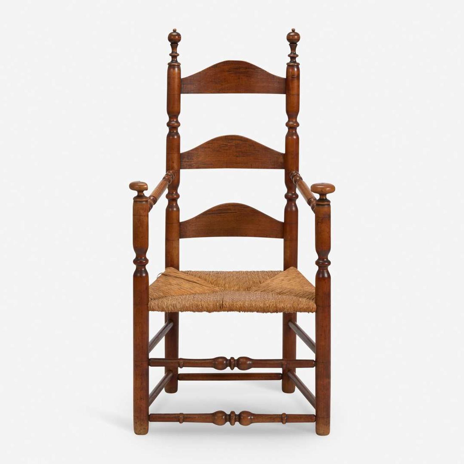 Two carved and turned maple and/or ash ladderback armchairs Wallingford, CT, and Delaware Valley, PA, early - late 18th century