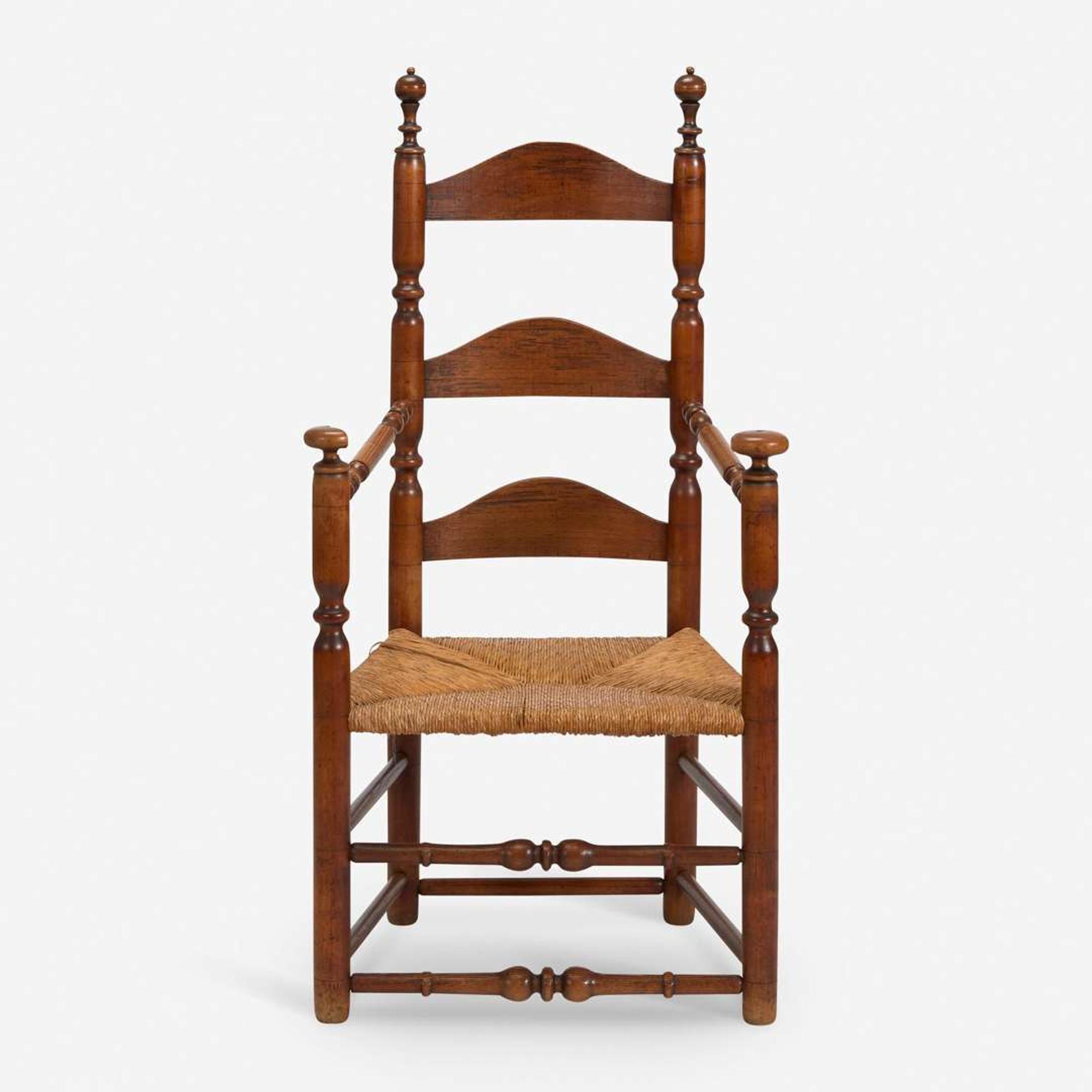 Two carved and turned maple and/or ash ladderback armchairs Wallingford, CT, and Delaware Valley, PA, early - late 18th century