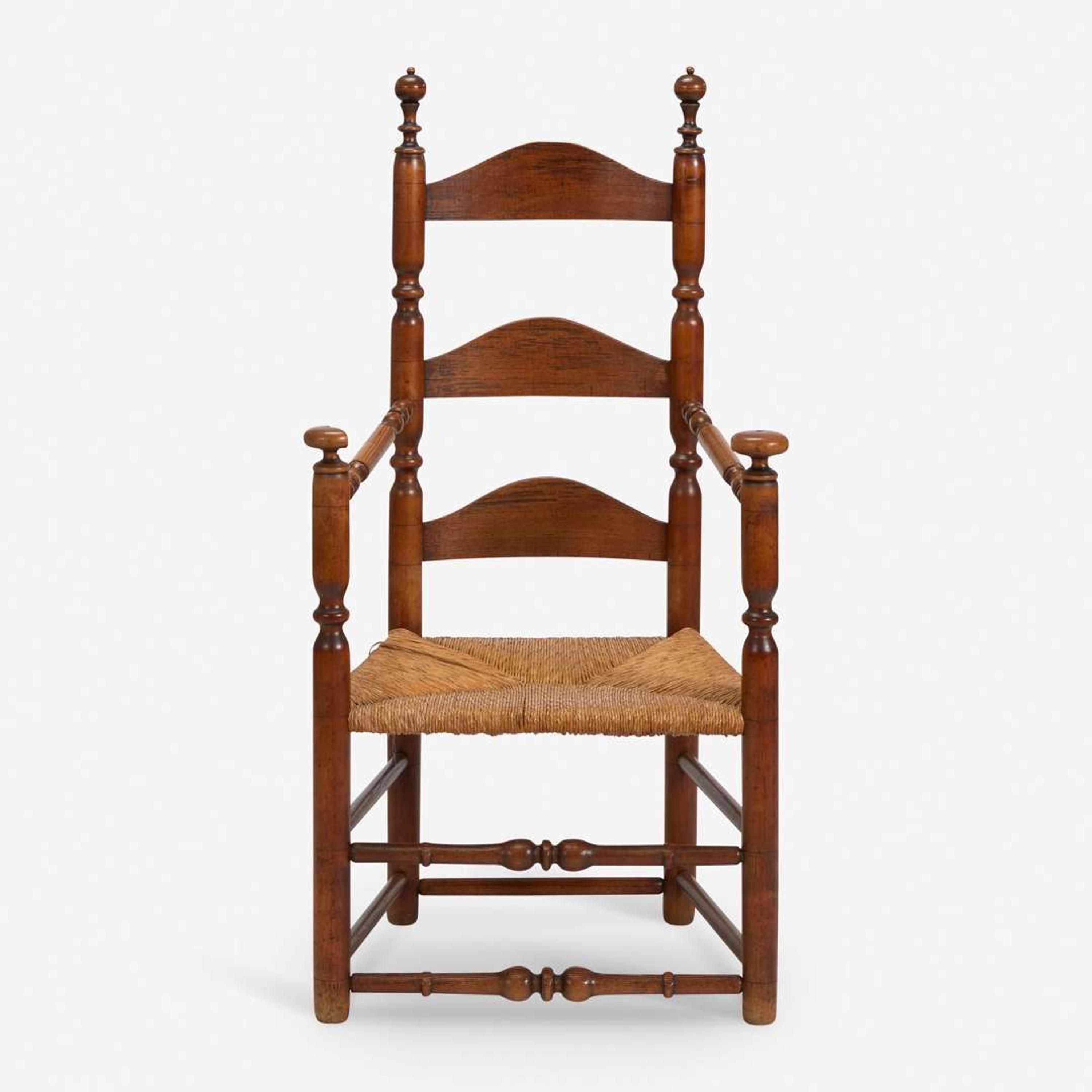 Two carved and turned maple and/or ash ladderback armchairs Wallingford, CT, and Delaware Valley, PA, early - late 18th century