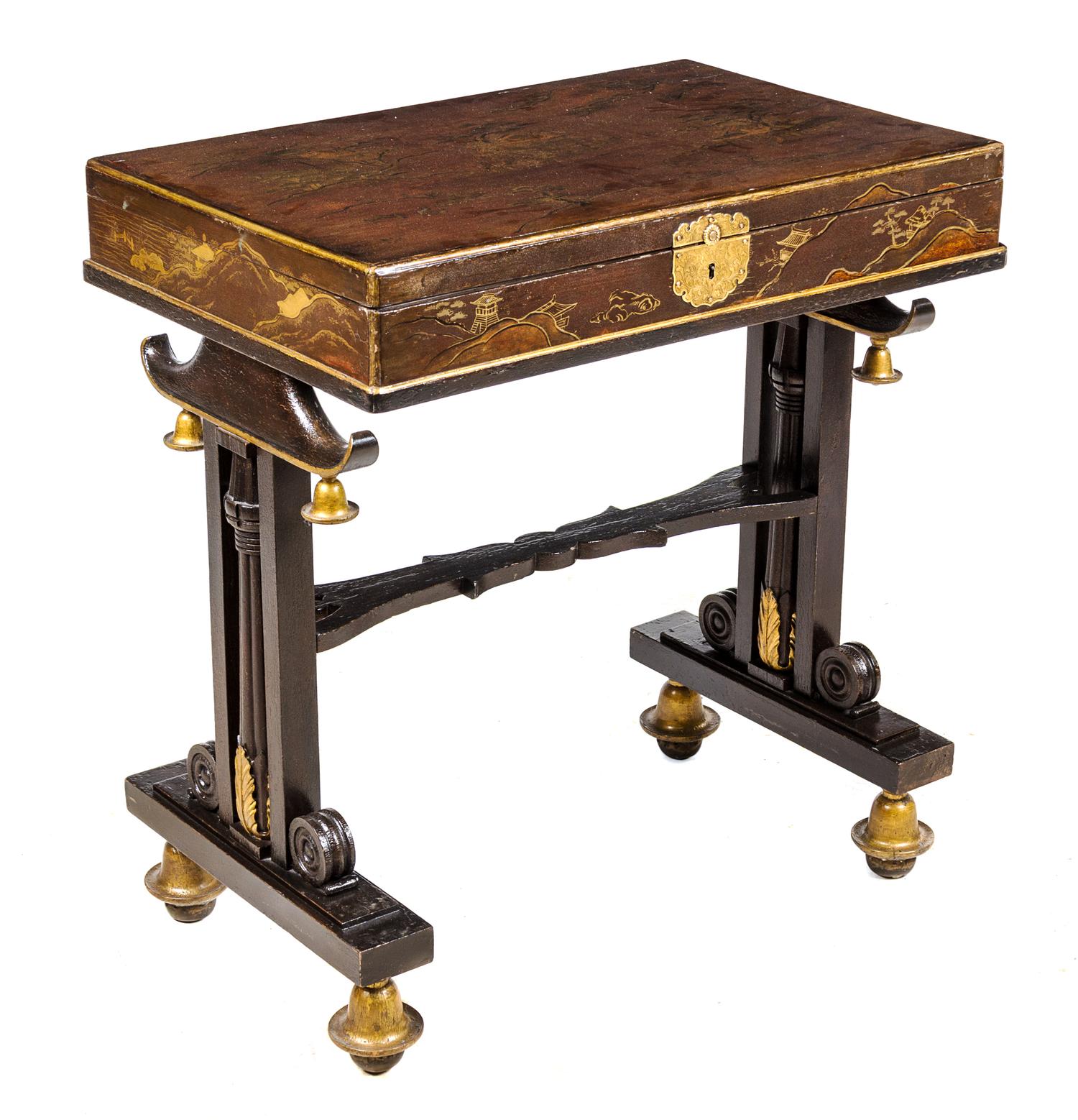 A Regency Style Japanned Writing Desk Height 29 x width 27 1/2 x depth 18 1/4 inches. — 19TH/20TH CENTURY