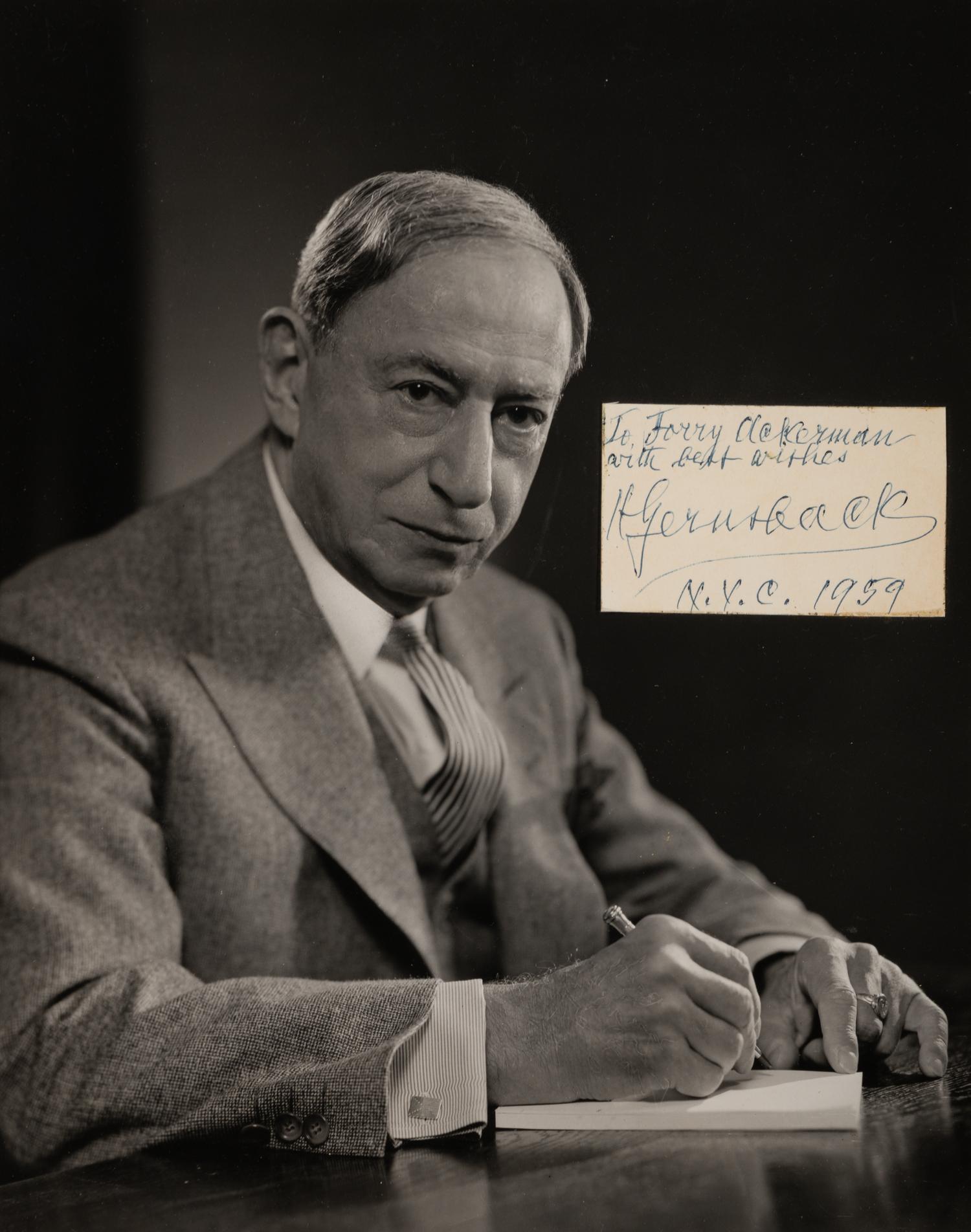 [GERNSBACK, Hugo]. Photograph of Hugo Gernsback with signed sentiment. 1959.