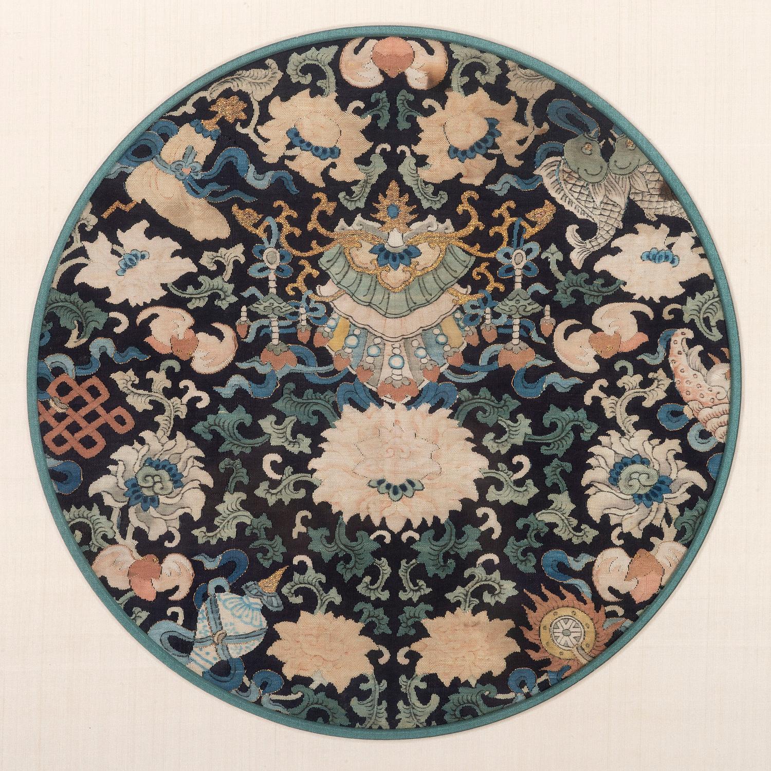 Four Blue Ground Kesi Woven Silk Circular Panels