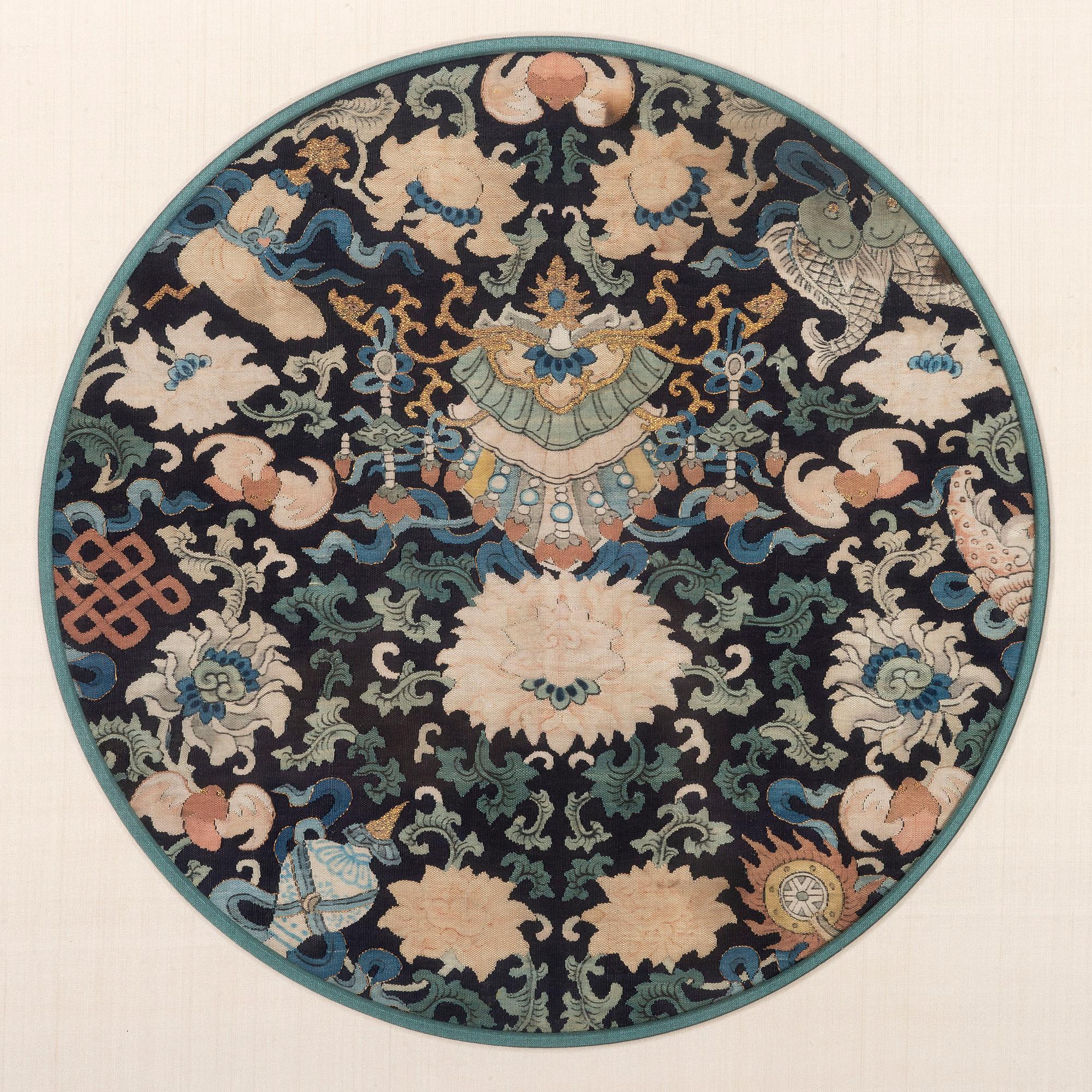Four Blue Ground Kesi Woven Silk Circular Panels