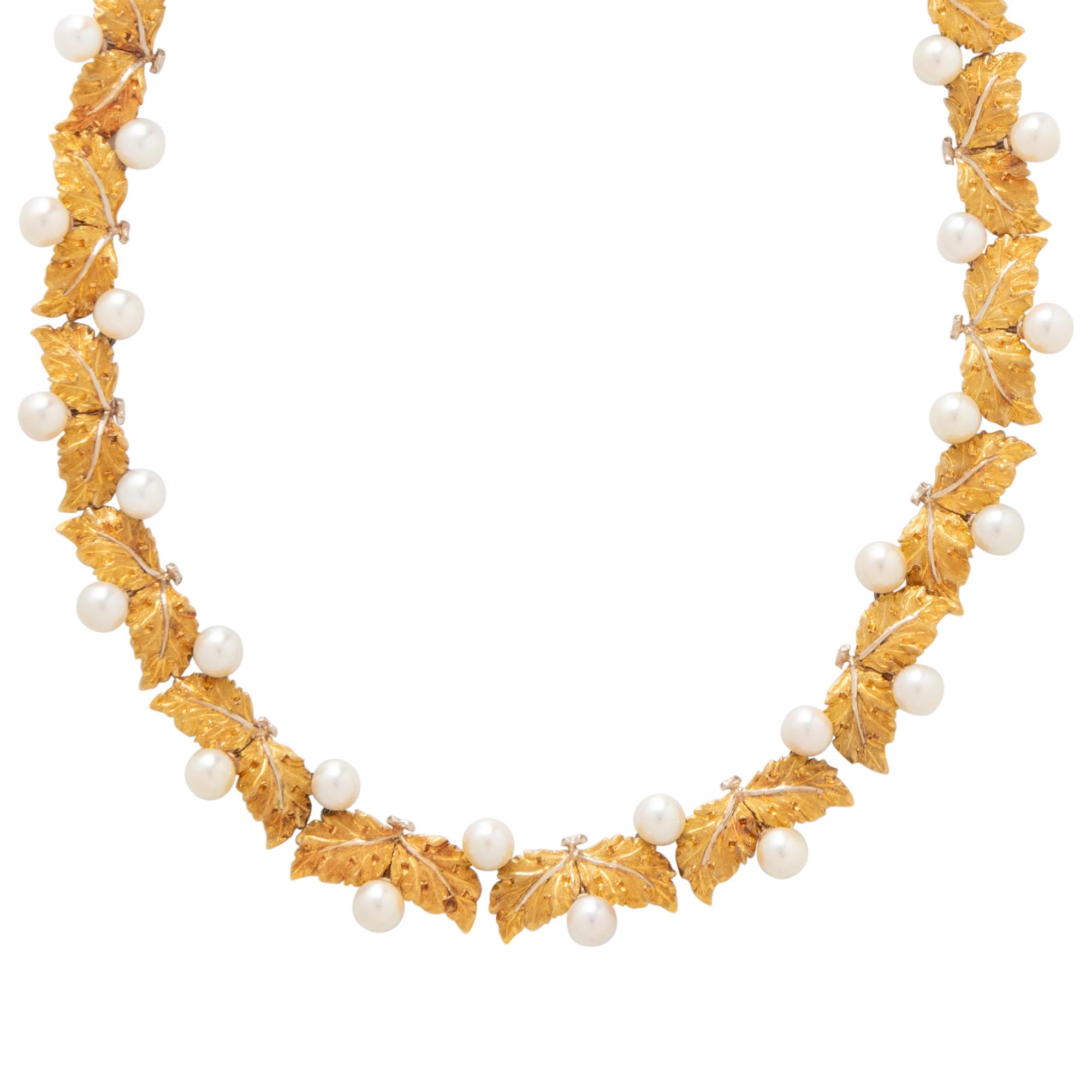 BUCCELLATI, YELLOW GOLD AND CULTURED PEARL LEAF MOTIF COLLAR NECKLACE