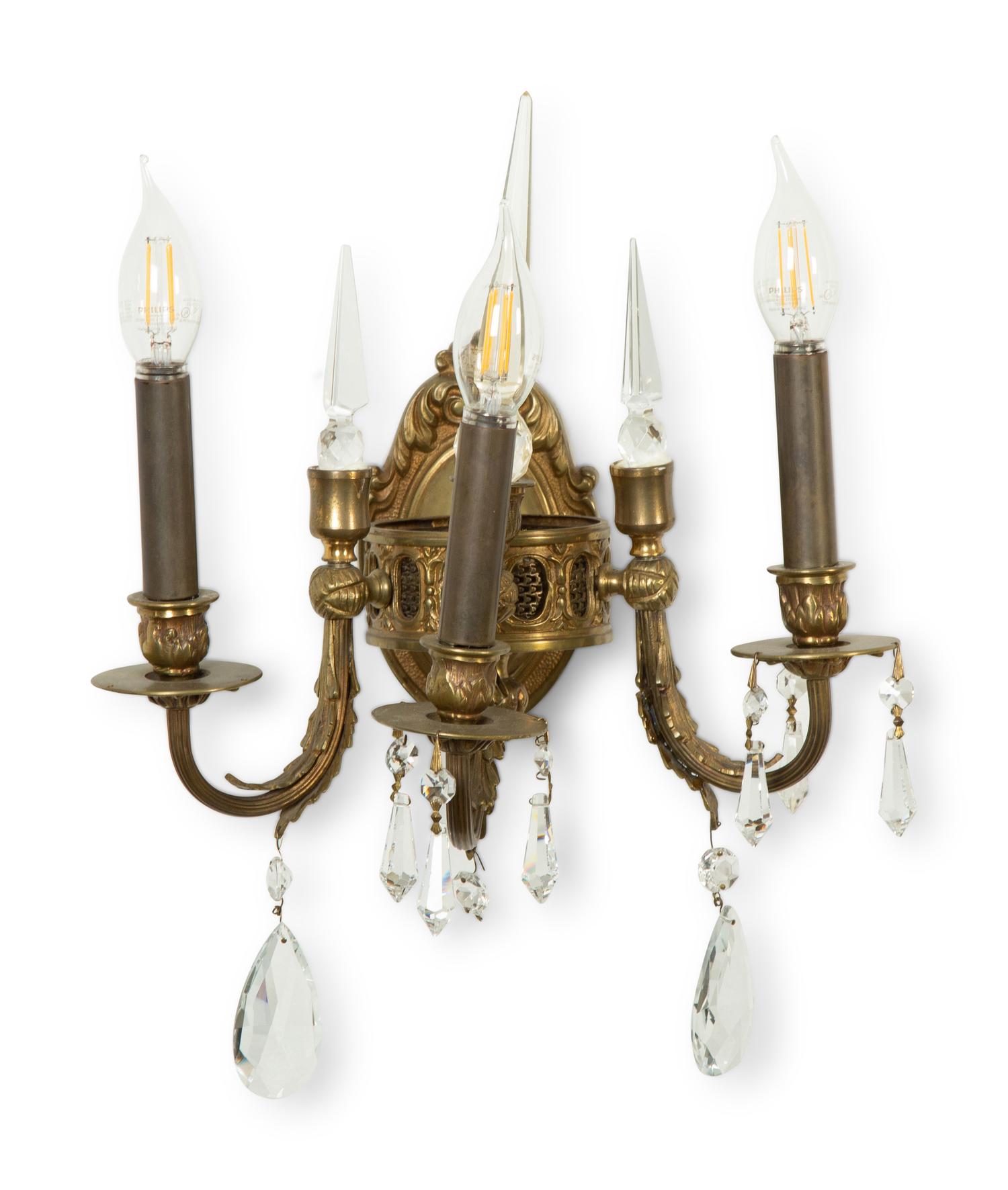 A Pair of Continental Gilt Bronze Three-Light Sconces
