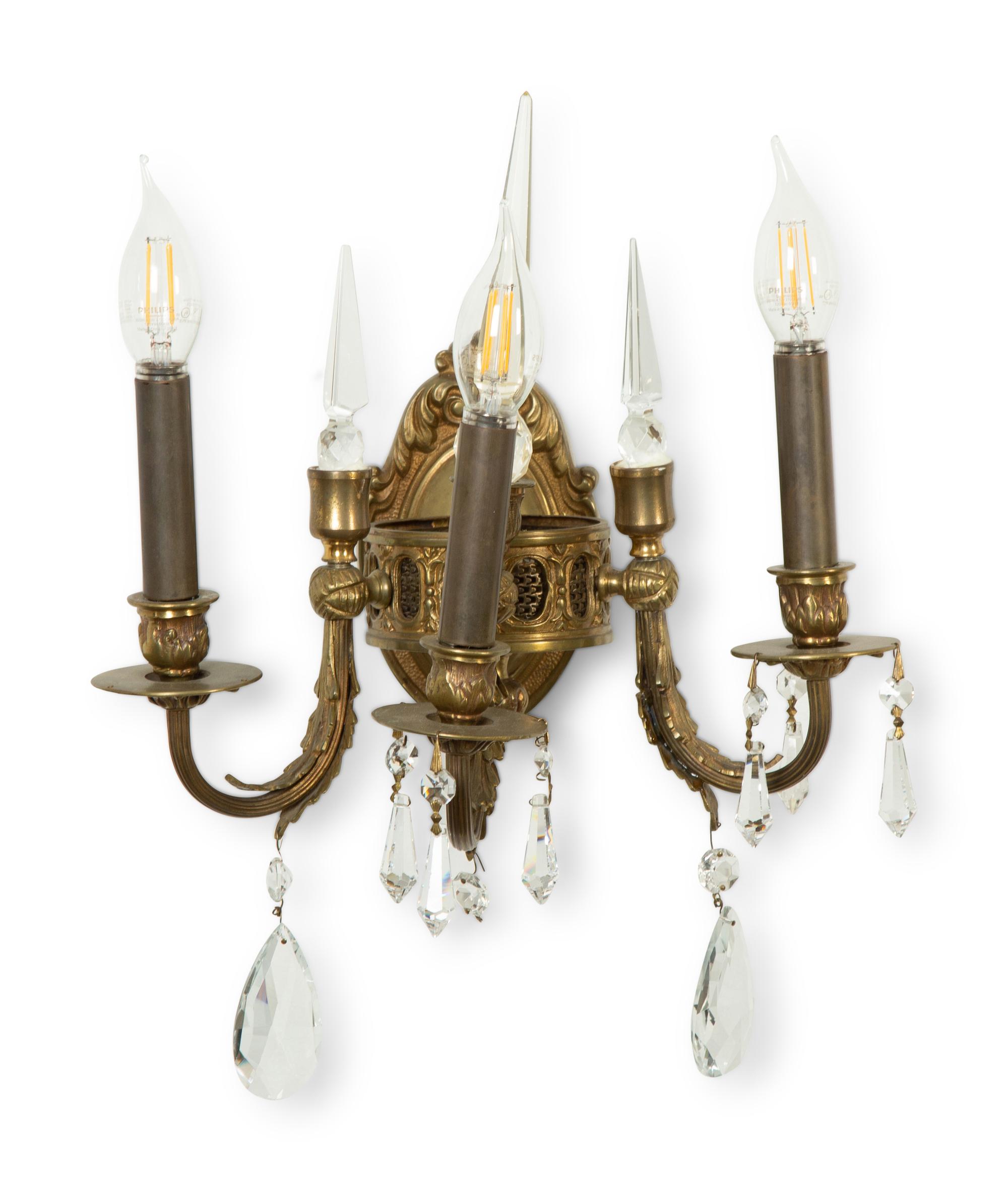 A Pair of Continental Gilt Bronze Three-Light Sconces