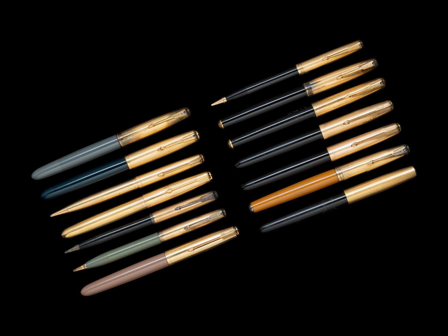 A Collection of Fourteen Parker Gold-filled Decorated Writing Instruments