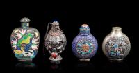 Four Chinese Enamel on Silver Snuff Bottles Height of tallest 3 inches. — 19TH-EARLY 20TH CENTURY